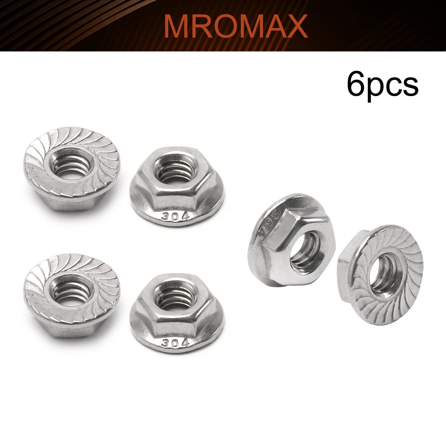 MroMax 6Pcs 1/4-20 Serrated Flange Hex Lock Nuts 304 Stainless Steel - Bright Finish Anti-Loose Nuts for Automotive, Motorcycle, Generator & Home Appliance Repair - Durable Hardware Fasteners for DIY Projects & Industrial Use