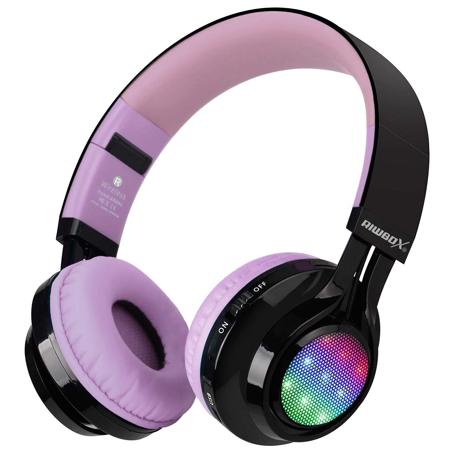 Riwbox AB005 Wireless Bluetooth 5.0 Headphones with Microphone, Foldable Over-Ear Headset with FM Radio, TF Card Slot & LED Light - Compatible with iPhone, Android & All Bluetooth Devices (Black & Purple) - Perfect for Gym, Travel & Office Use
