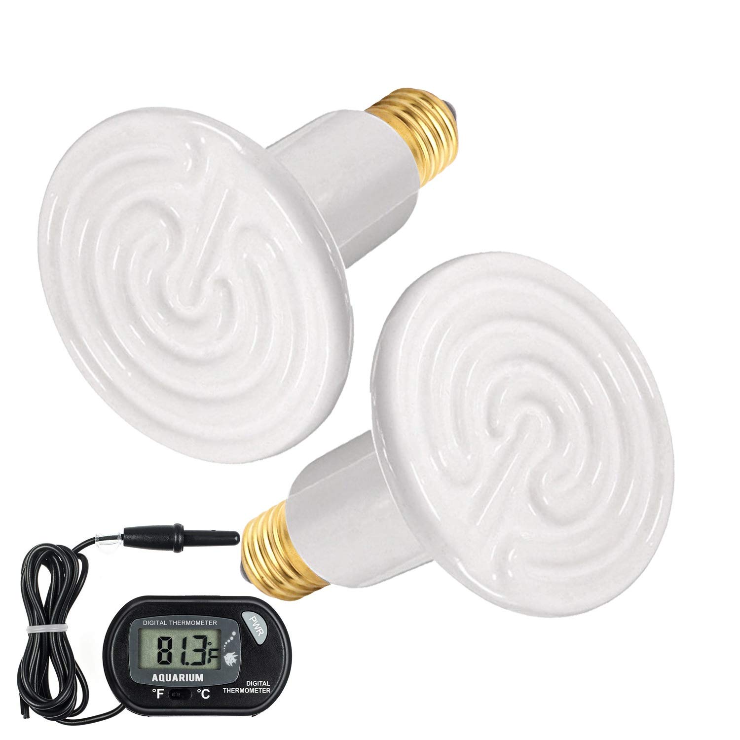 WUHOSTAM 2 Pack 100W White Ceramic Heat Lamp with Digital Thermometer - Infrared Reptile Heater Bulb for Pets, Chickens, Lizards, Turtles & Snakes - ETL Certified for Brooders, Coops & Aquariums | Perfect for Terrariums, Reptile Tanks & Pet Habitats