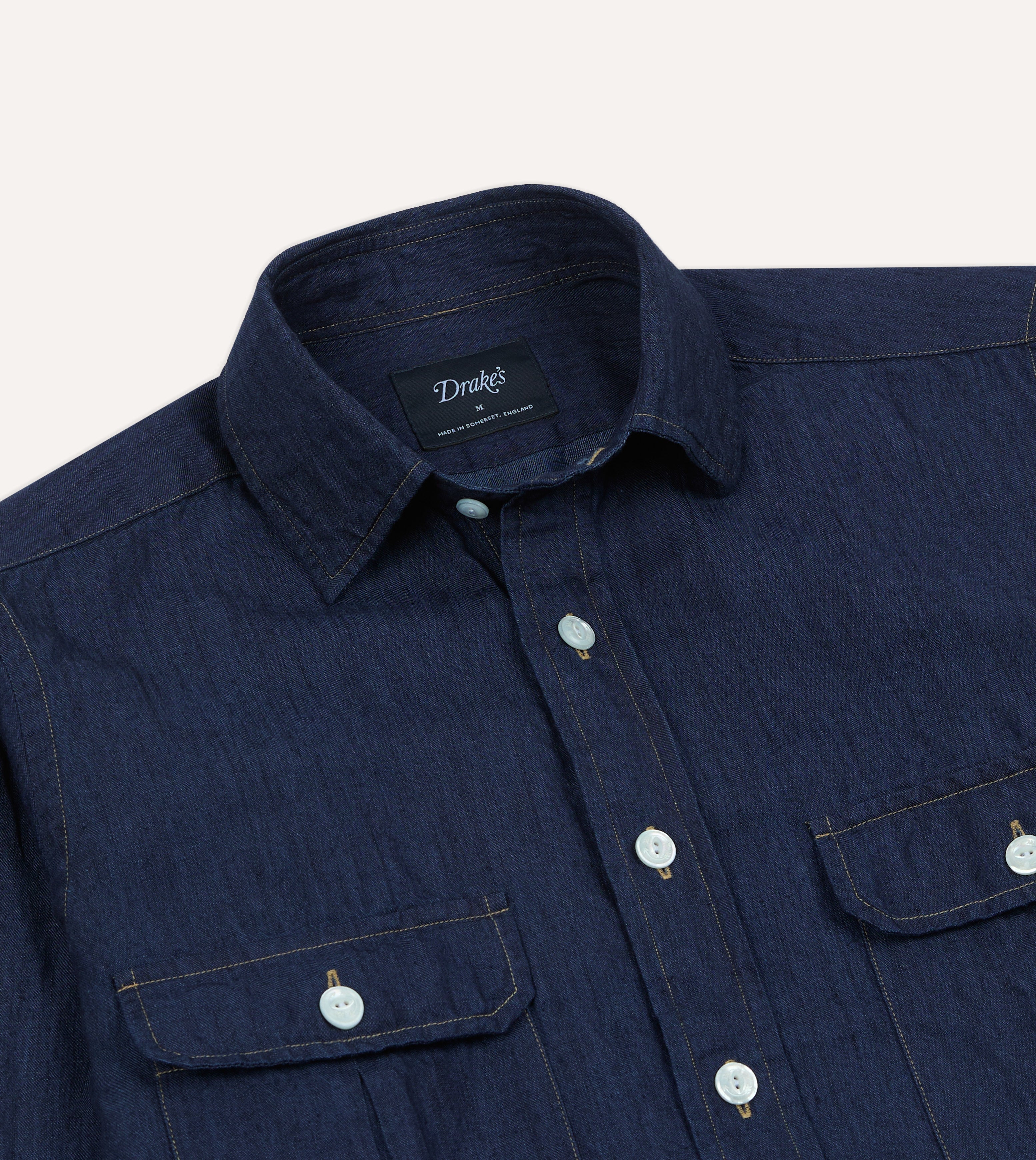 Men's Navy Blue Cotton Linen Work Shirt with Two Chest Pockets - Durable & Breathable for Construction, Gardening & Outdoor Activities