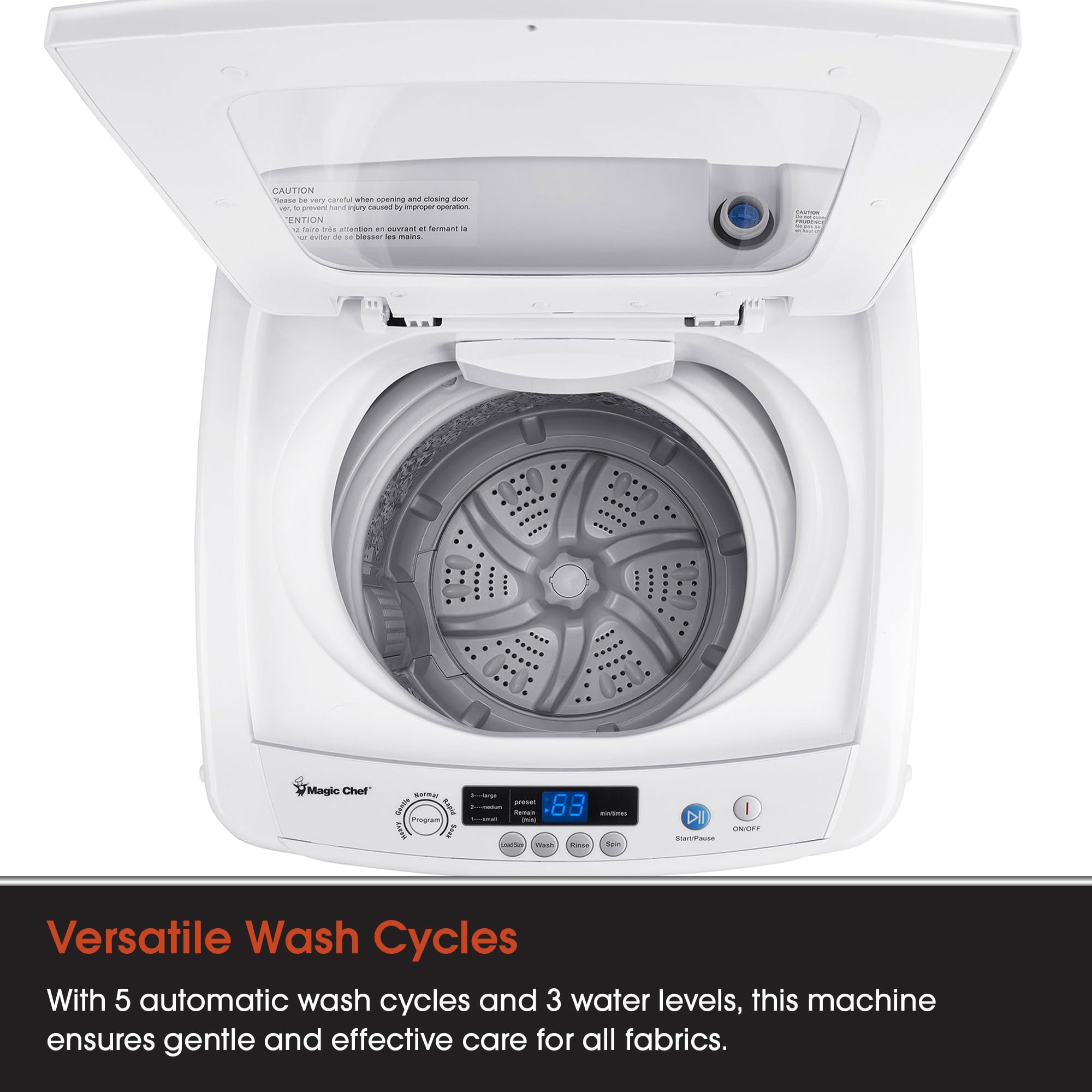 Magic Chef 0.9 Cu. Ft. Compact Top Load Washing Machine with LED Display - 6 Wash Cycles, Delay Start, 3 Water Levels & Temperature Settings - Perfect for Apartments, RVs & Small Spaces (White)