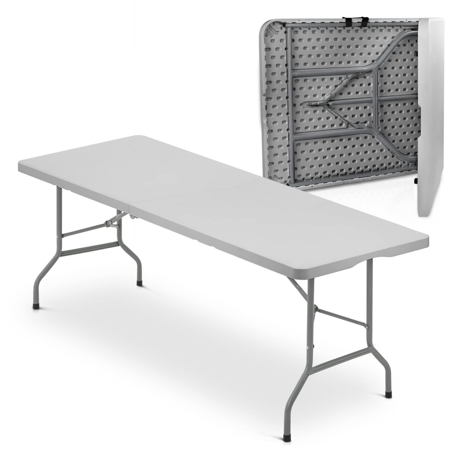 MoNiBloom 8Ft Folding Heavy Duty Utility Table - Indoor Outdoor Portable Plastic Table with Steel Legs & Handle for Wedding, Event, Picnic, Camping, BBQ - Gray