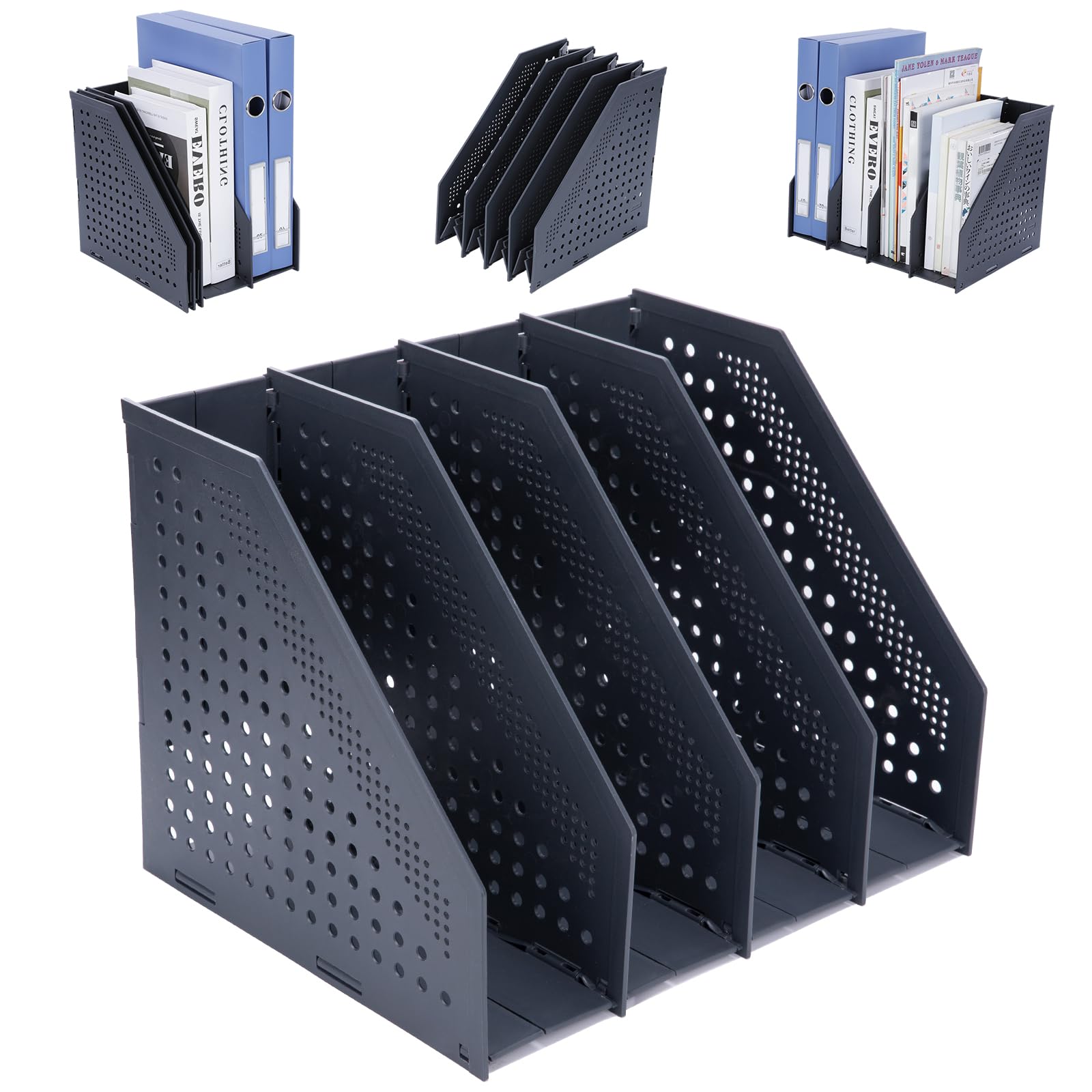 Foldable Magazine File Organizer with 4 Vertical Compartments - Space-Saving Desk Binder Holder, Dark Gray Plastic Shelf Storage for Office, Home & School Use - Perfect for Organizing Documents, Books & Office Supplies