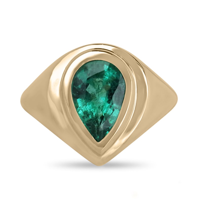 2.47 Carat 18K Solid Gold Bezel Teardrop Emerald Solitaire Gypsy Ring for Women - Elegant Vintage Jewelry Gift for Wedding, Anniversary & Special Occasions