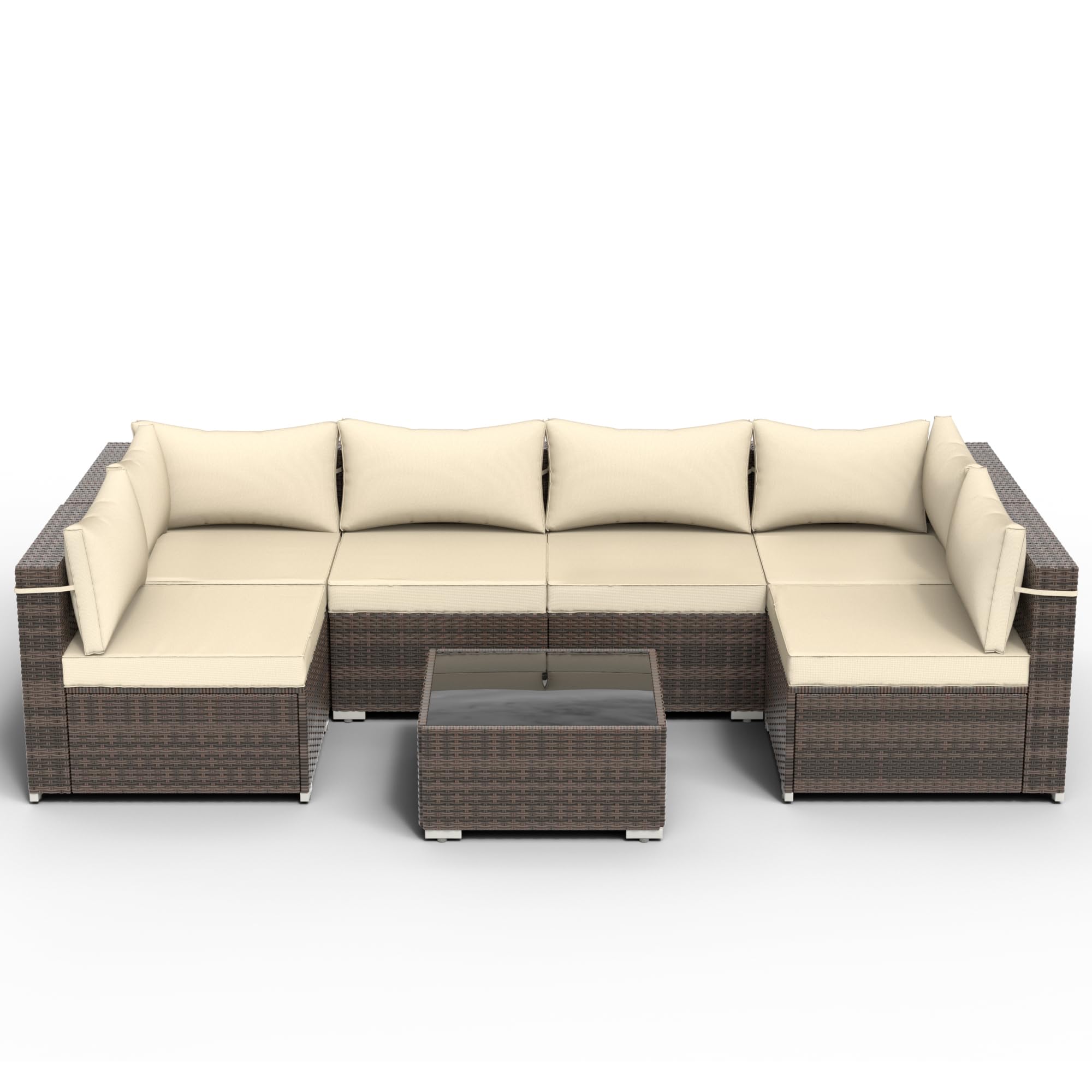 7-Piece Outdoor Patio Furniture Set - PE Rattan Wicker Sectional Sofa with 6 Seat Cushions & Tempered Glass Table - Brown Conversation Set for Garden, Backyard, Poolside (Includes Furniture Cover)