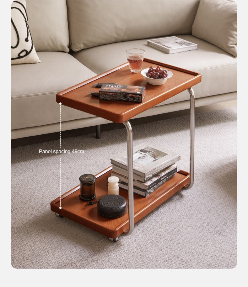 Modern Double Layer C-Shaped Mobile Side Table - Poplar Wood Nightstand for Bedroom, Living Room, Office - Portable End Table with Storage Shelf