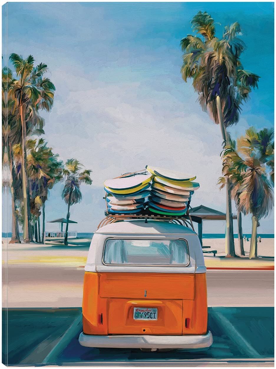 Retro Beach Day II Fine Art Canvas Wall Decor - Handmade by Artist Studio Arts - 32x43 Inches - Ready to Hang - Perfect for Living Room, Bedroom, Office & More - Coastal Home Decor & Beach House Wall Art