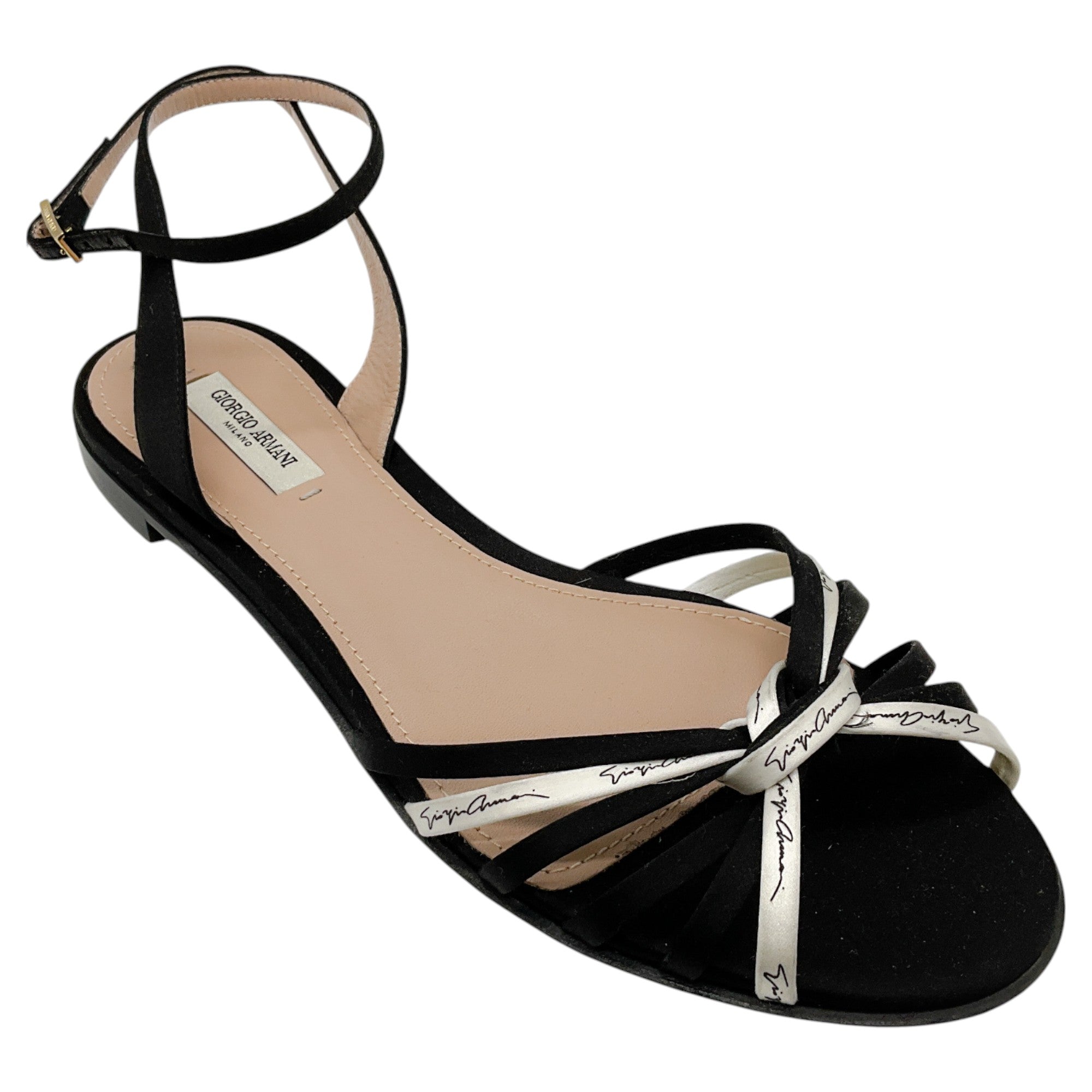 Giorgio Armani Black & White Strappy Logo Flat Sandals for Women - Comfortable Summer Casual Shoes for Beach, Vacation and Everyday Wear
