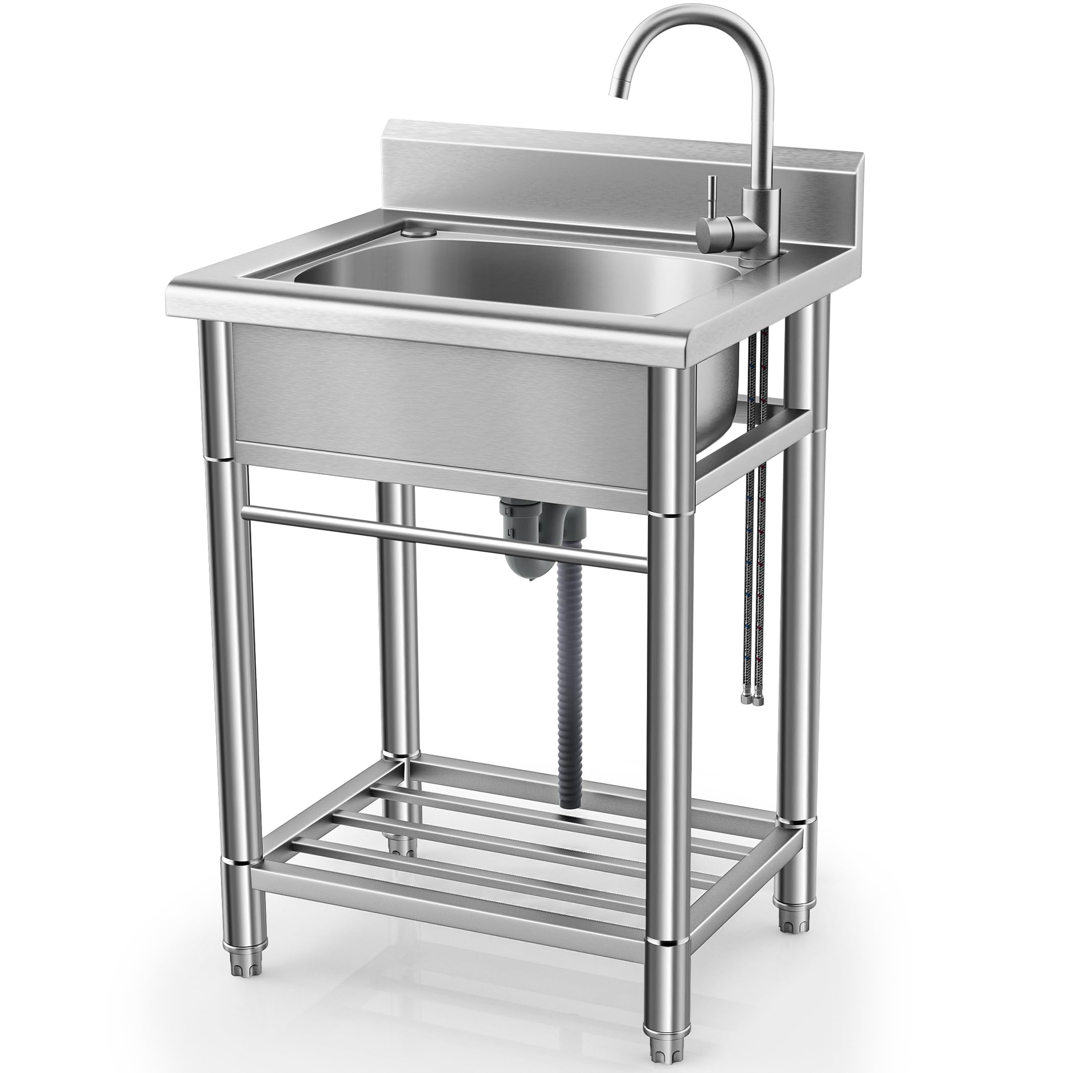 Stainless Steel Utility Sink with Single Bowl - Free Standing Kitchen Sink for Laundry Room, Bathroom & Farmhouse | Hot & Cold Water Pipes Included | Perfect for Washing Clothes, Cleaning Tools & Outdoor Use