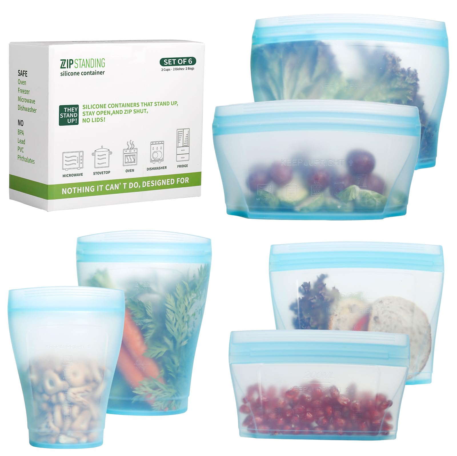 6-Pack Reusable Silicone Food Storage Bags | Airtight Zip Containers for Fruits, Vegetables & Snacks | Microwave, Dishwasher & Freezer Safe | Eco-Friendly Kitchen Essentials (Blue) - Perfect for Meal Prep, Lunch Boxes & On-the-Go Snacking