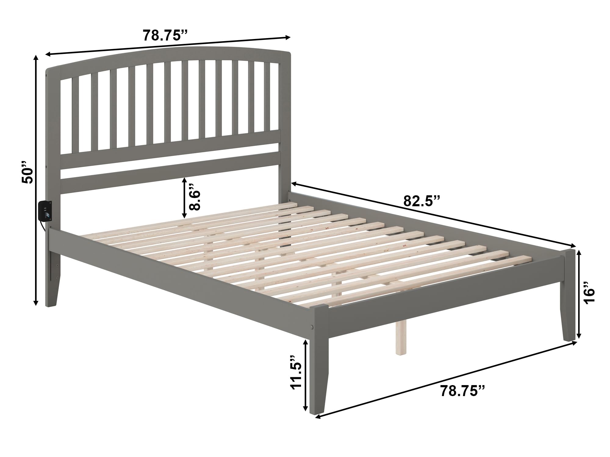 AFI Richmond King Platform Bed Frame with USB Charging Ports - Modern Grey Wooden Bed for Bedroom, Home & Office Use