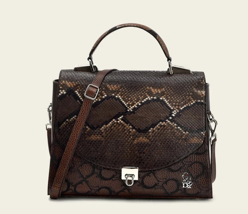BOD95PH Fashionable Women's Chocolate Brown Python Print Tote Bag - Elegant Dressy Handbag for Work, Travel & Shopping