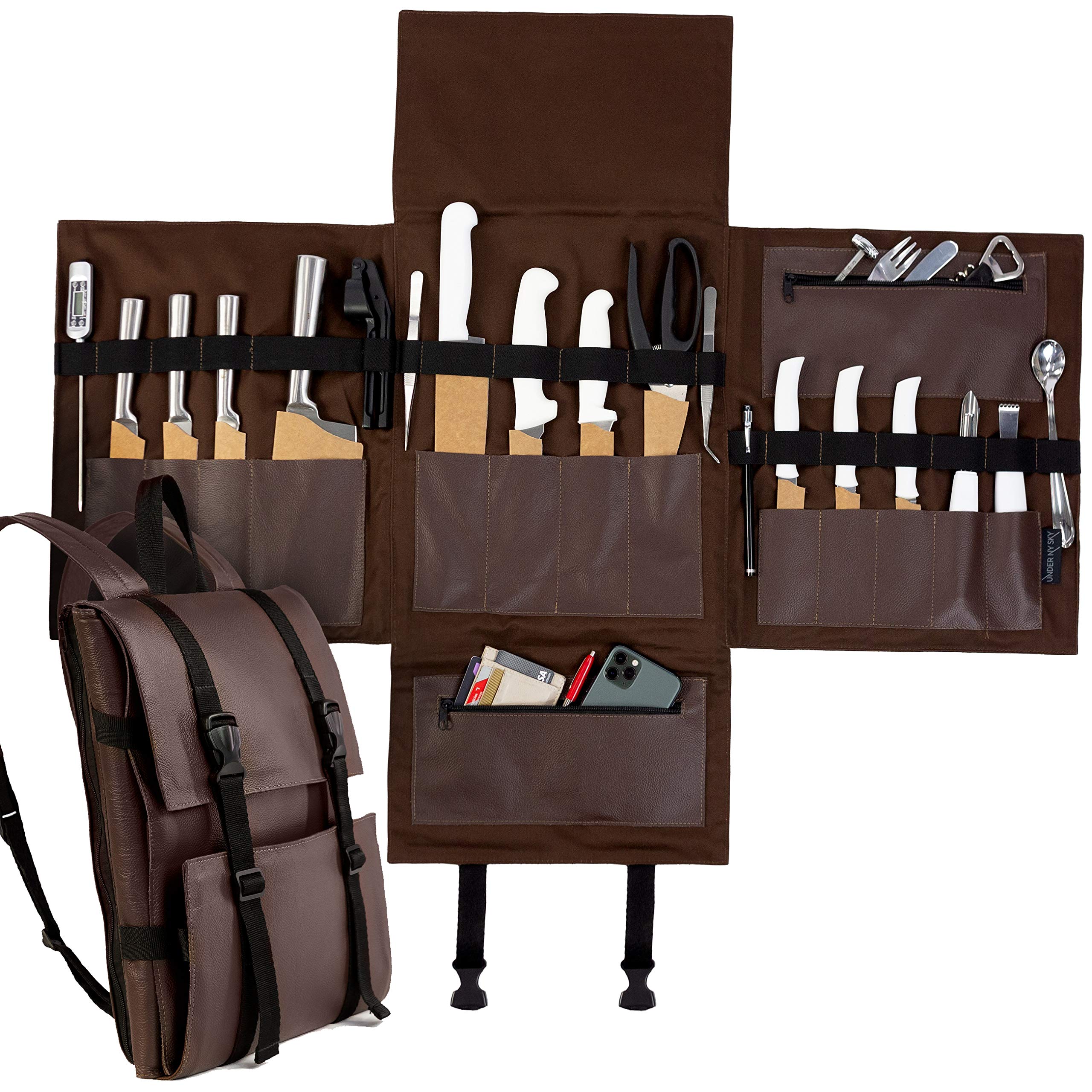 Under NY Sky Genuine Leather Knife Roll - 13 Slot Chef Knife Case with 2 Zippered Pockets for Kitchen Utensils & Cutlery Storage - Fits Tablets & Notebooks - Professional Tool Organizer Bag for Chefs & Culinary Students - Brown Leather - Perfect for Restaurant Work, Cooking Classes & Home Kitchen Organization