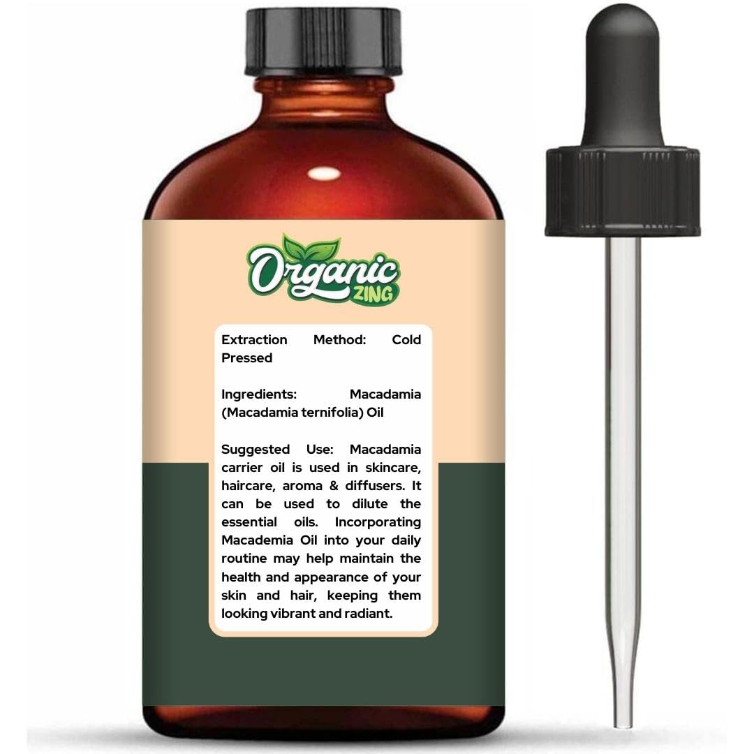 Pure Organic Macadamia Carrier Oil for Skin, Face & Hair Care - 100% Natural Cold Pressed - Aromatherapy, Massage & DIY Beauty - 4oz (118ml) - Hydrates Dry Skin & Strengthens Hair