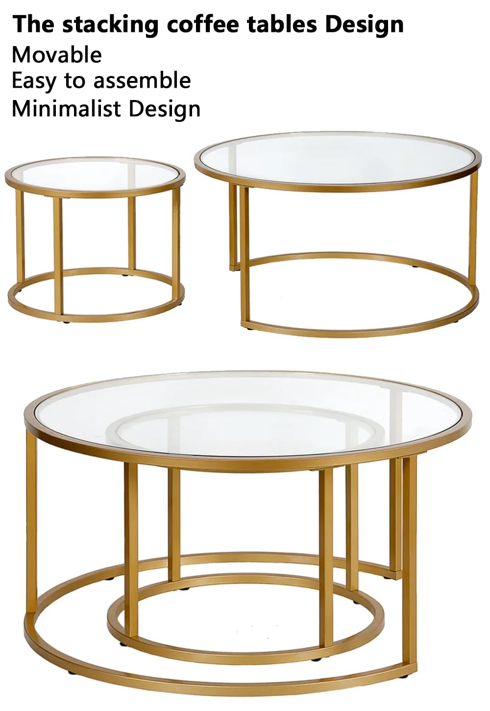 Modern Round Nesting Coffee Table Set of 2 - Gold Metal Frame & Tempered Glass Side Tables for Living Room, Dining Room - 31.5