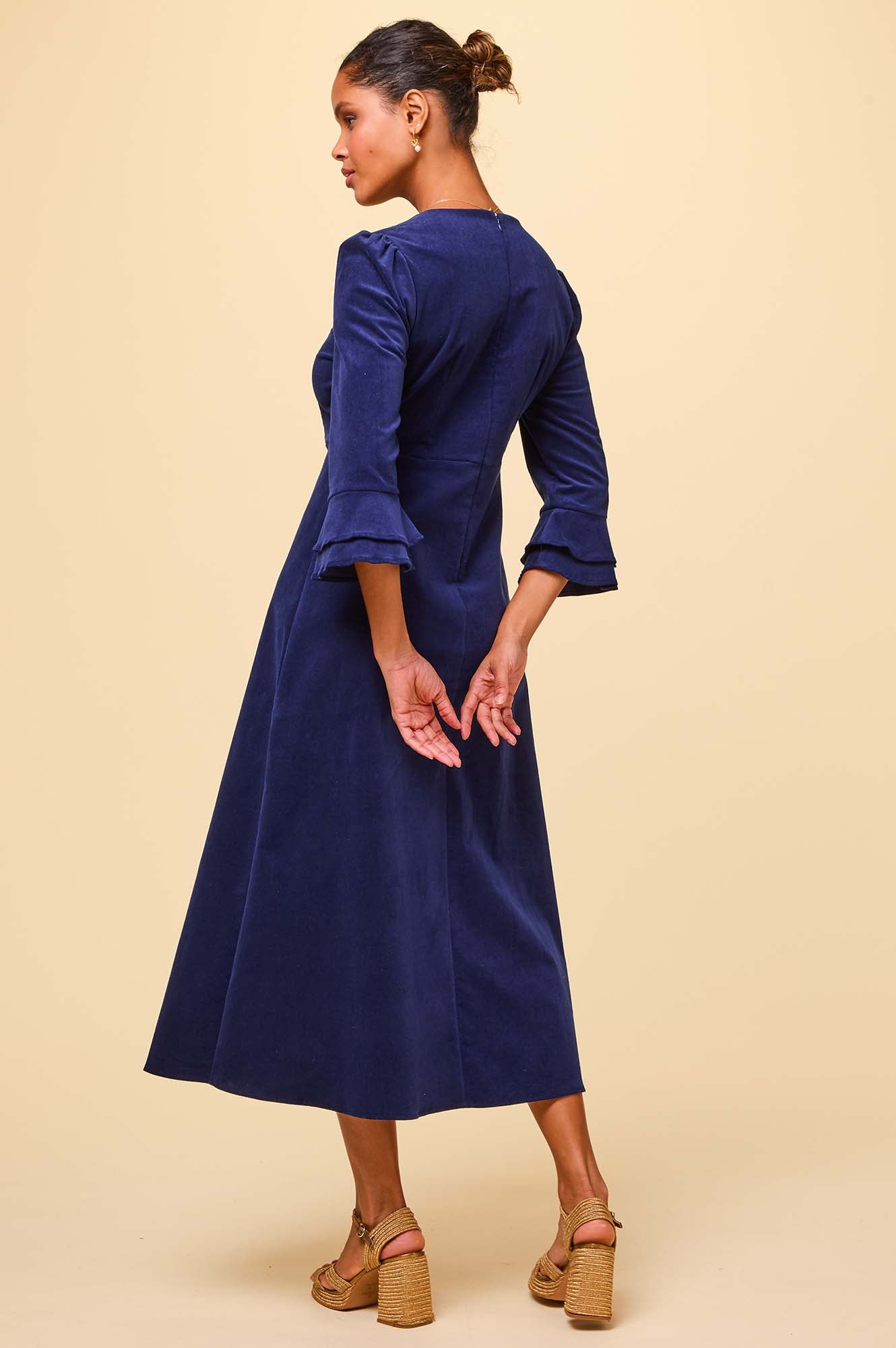 Stylish Jocelyn V-Neck 3/4 Sleeve Stretch Corduroy Dress in Atlantic Blue | Women's Casual Fall Dress for Office, Date Night & Holiday Parties