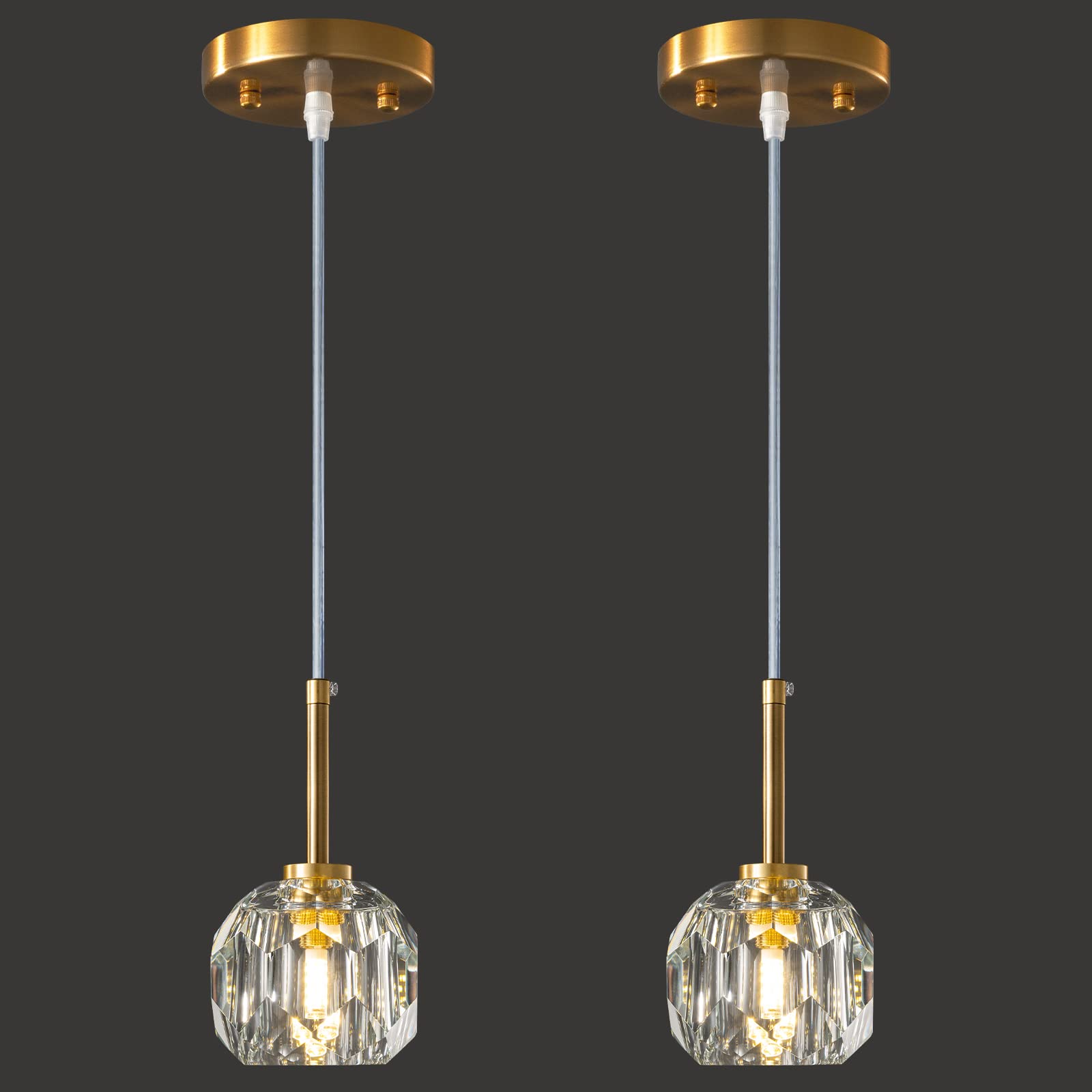 LMQNINE Modern Gold Pendant Light Set - 2 Pack Adjustable Mini Crystal Chandelier for Kitchen Island, Dining Room & Bedroom Lighting | Elegant Home Decor for Contemporary Spaces