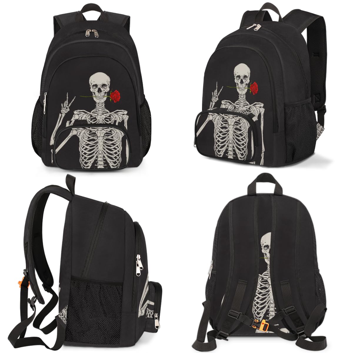 Human Skeleton Skull Backpack for Kids, Teens & Adults - Gothic Rose Print School Bookbag for College, Gym, Travel & Work - Durable Laptop Backpack for Students & Professionals (Perfect for Halloween, Cosplay & Dark Aesthetic Fashion)