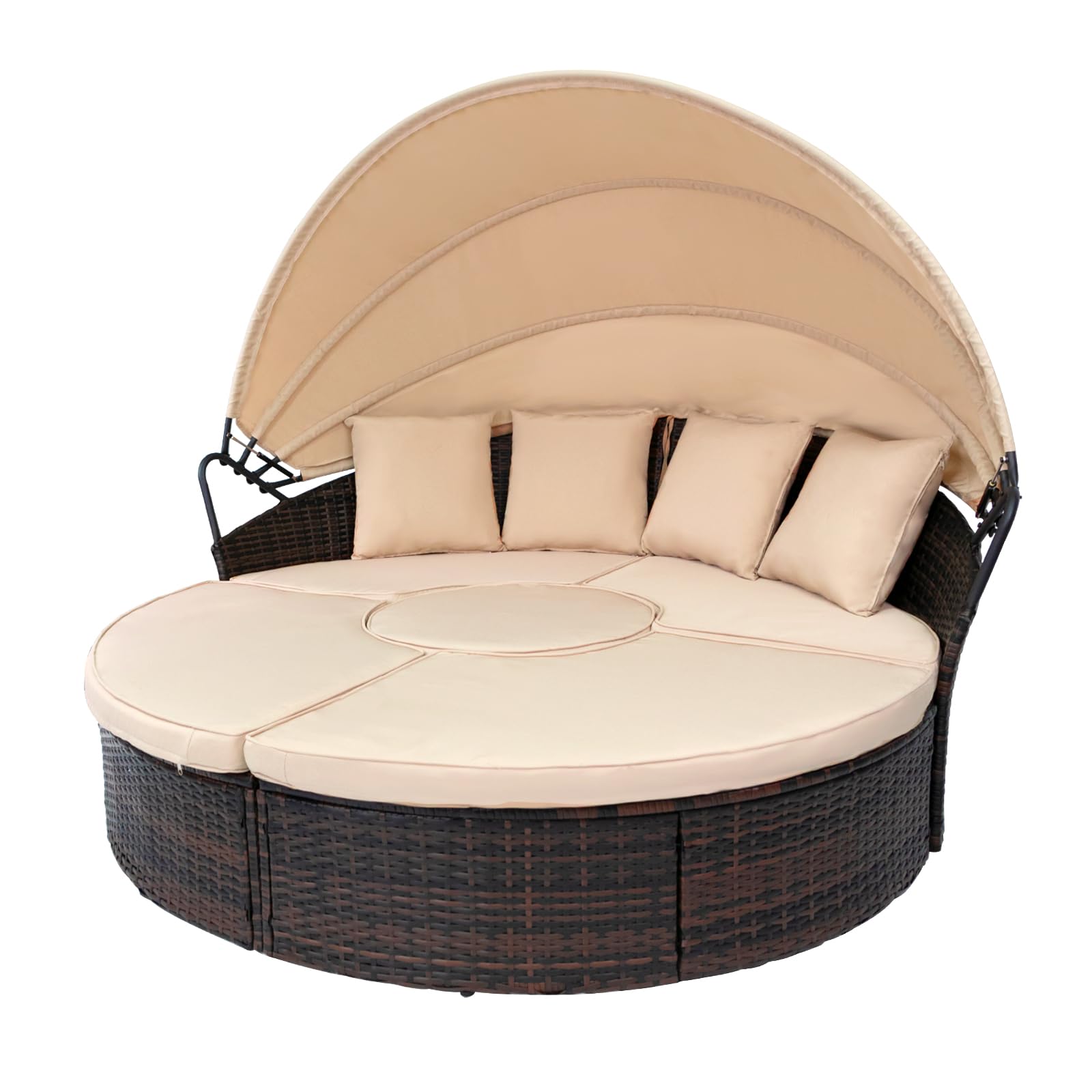 **5-Piece Outdoor Patio Daybed Set with Retractable Canopy - Wicker Rattan Sectional Round Sofa & Cushioned Seats - Perfect for Lawn, Garden, Backyard, Porch & Poolside Relaxation - Brown**