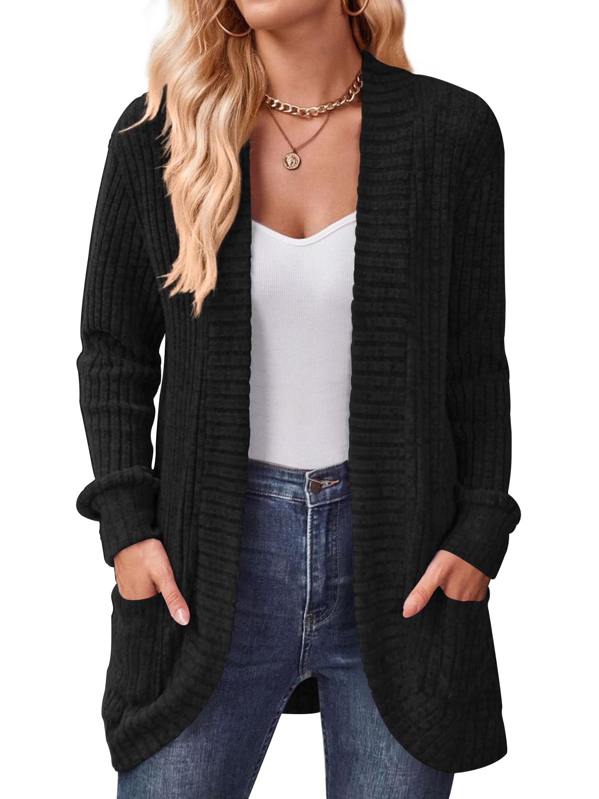 DB MOON Women's Lightweight Long Cardigan Sweater - Open Front Long Sleeve Coat with Pockets | Perfect for Office, Travel & Casual Outfits