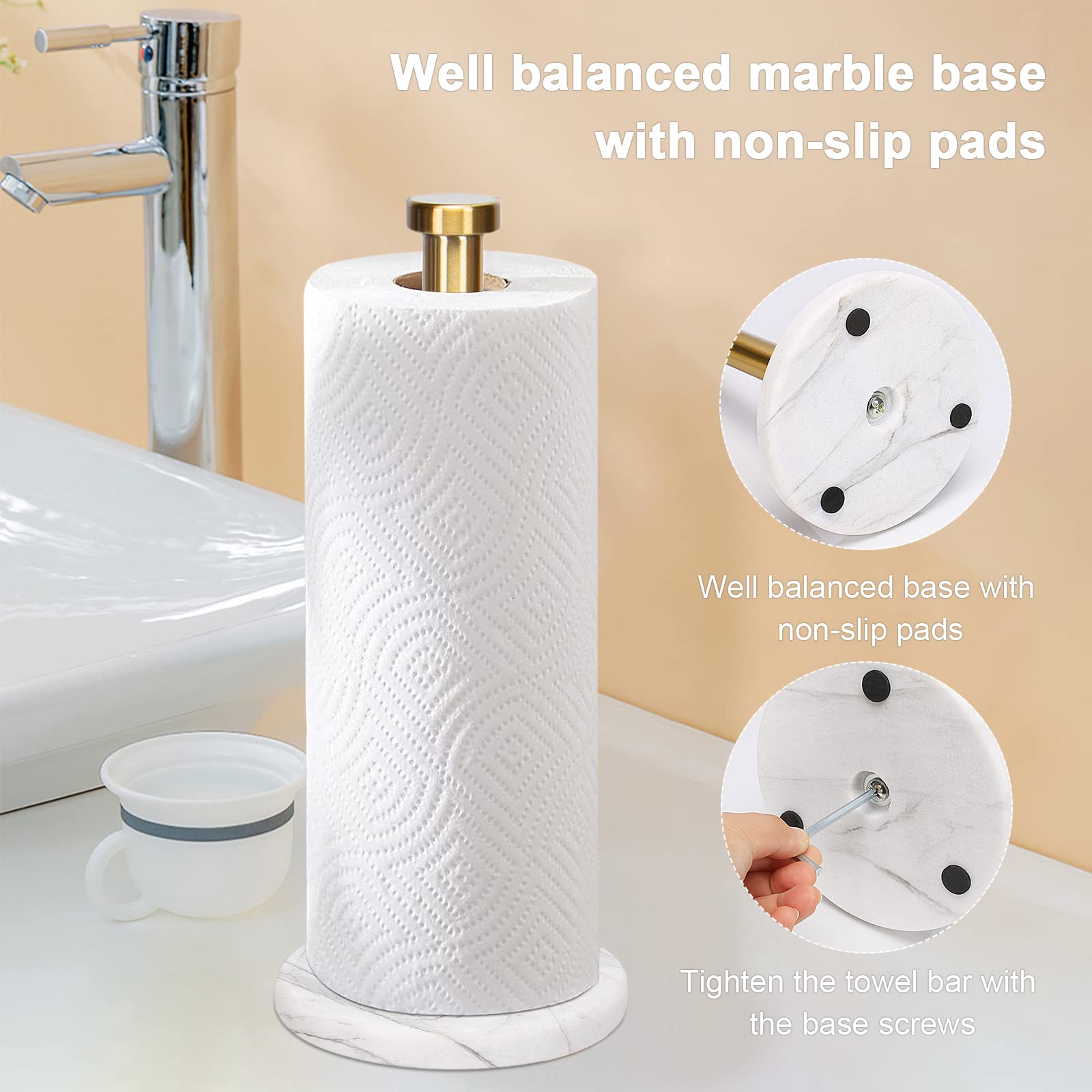 NearMoon Standing Paper Towel Holder - Premium Brushed Gold with Marble Base for Standard & Jumbo Rolls | Stylish Kitchen & Bathroom Countertop Organizer | Perfect for Cooking, Cleaning & Home Decor