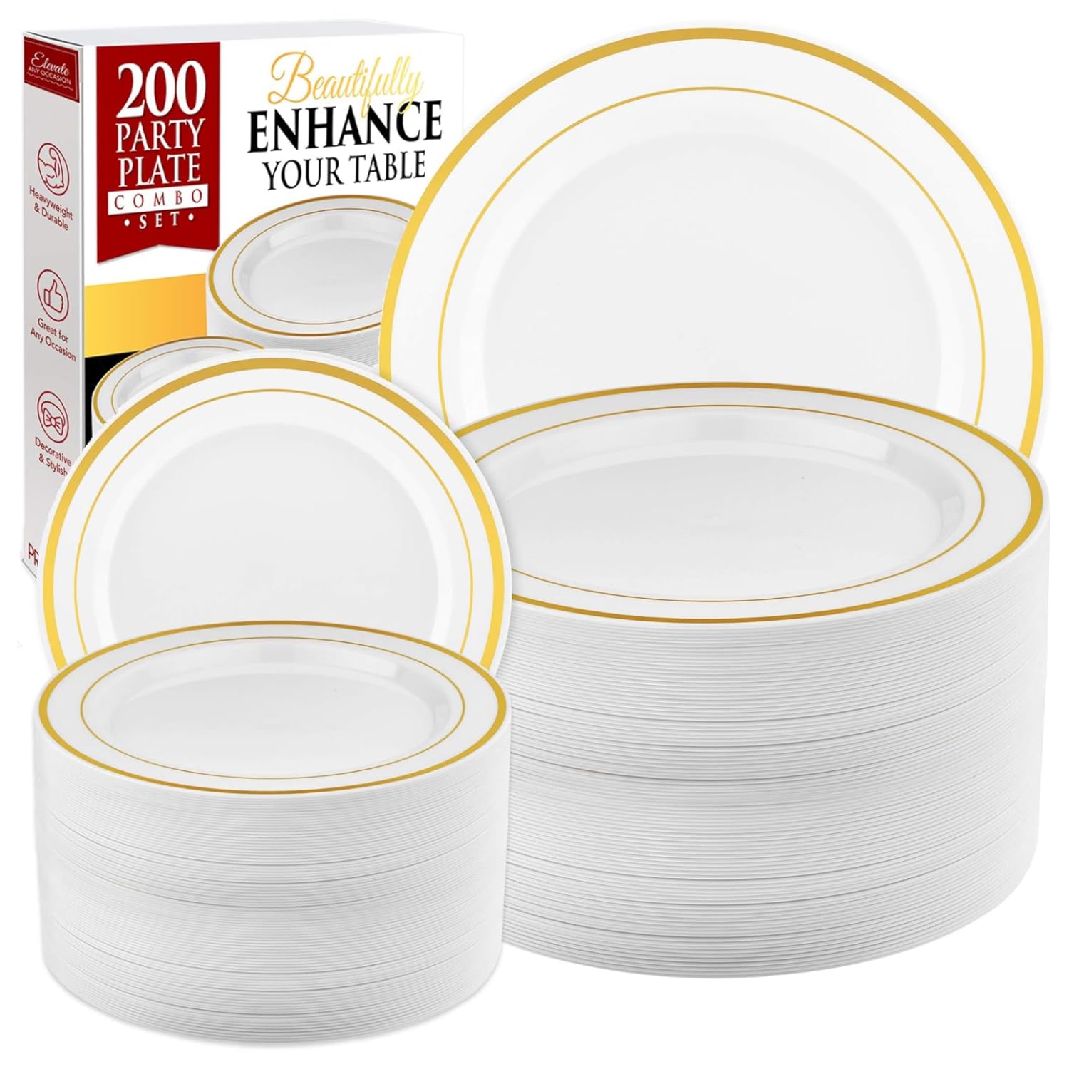 Prestee 200-Piece Gold Disposable Plates Set - 100 Dinner Plates & 100 Salad Plates, White with Gold Rim - Heavy Duty Plastic Party Plates for Wedding, Holiday, Birthday, Appetizer & Dessert - Perfect for Elegant Events, Catering & Home Entertaining