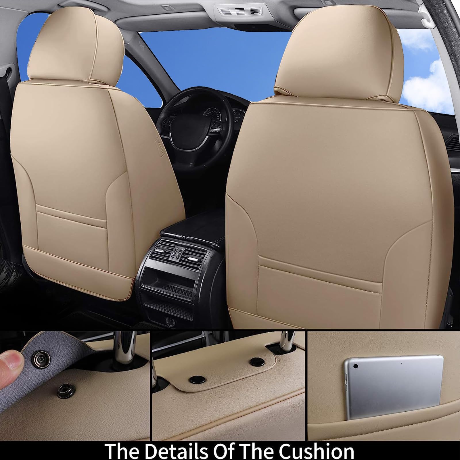 Premium Waterproof Nappa Leather Car Seat Covers Full Set - Front & Back Seat Protectors for Most Vehicles | Beige Auto Interior Accessories | Ideal for Family Cars, SUVs & Daily Commuting