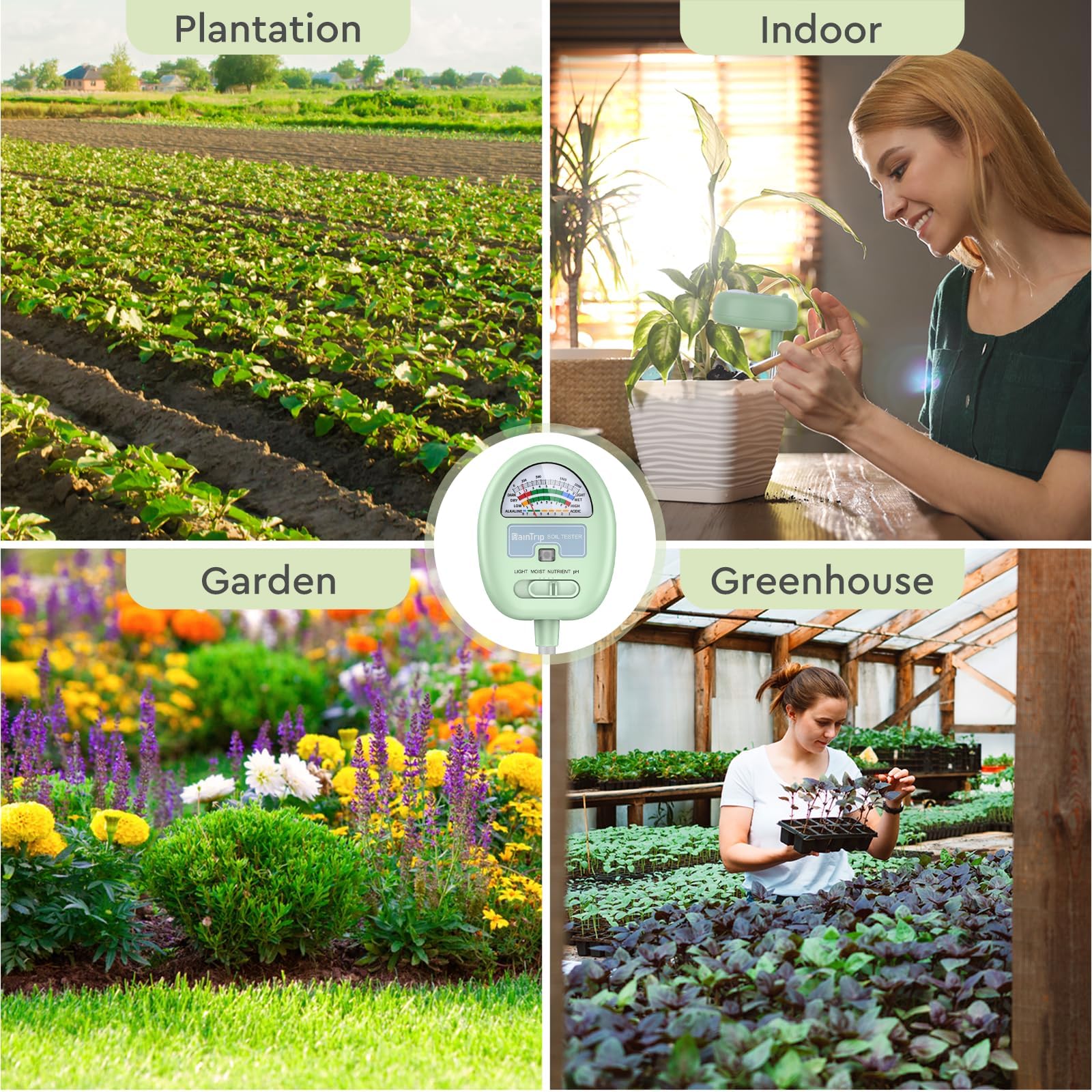 4-in-1 Soil Moisture Meter - Plant Moisture, Light, Nutrients & pH Tester for Garden, Lawn, Farm | Indoor/Outdoor Soil Test Kit | No Battery Needed | Perfect for Houseplants, Vegetable Gardens & Hydroponics