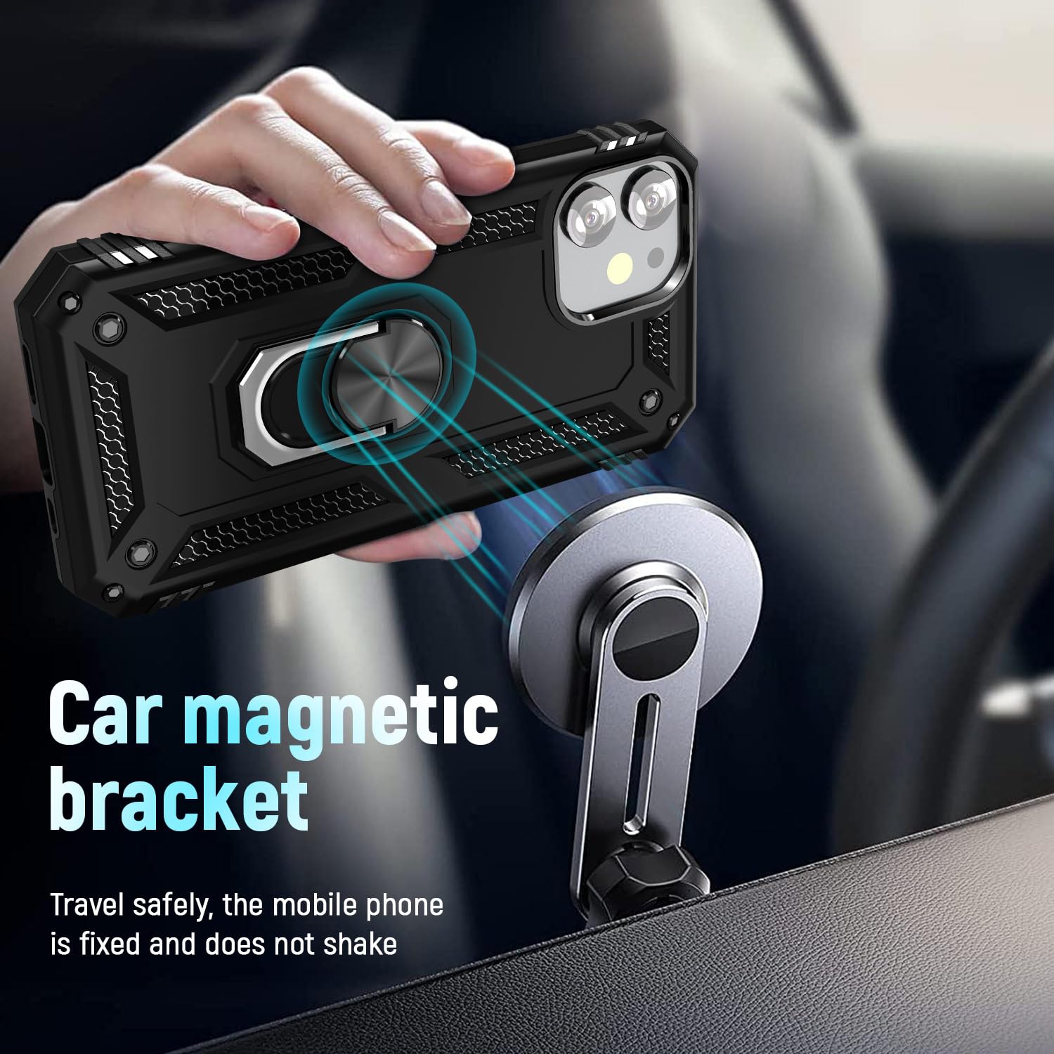 ADDIT Shockproof iPhone 12 Mini Case with Ring Holder Stand & Magnetic Car Mount - Military Grade Heavy Duty Protective Cover for iPhone 12 Mini (Black) - Perfect for Outdoor Activities, Work & Daily Use