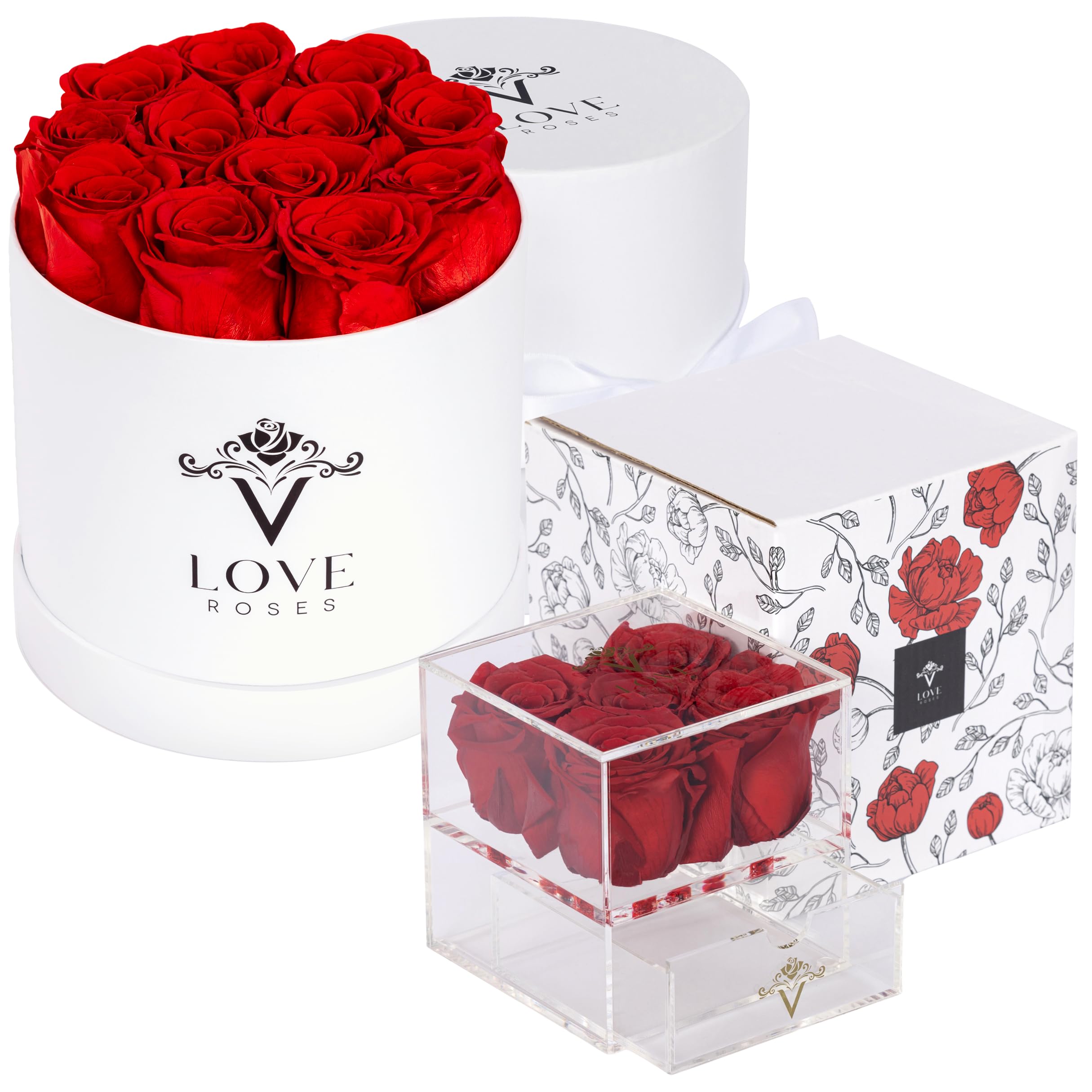 VLove® Eternal Preserved Roses in a Box - Real Long-Lasting Flowers Gift (12 or 5 Red Roses) | Naturally Preserved Roses That Last 1 Year | Perfect for Anniversaries, Valentine's Day & Romantic Home Decor