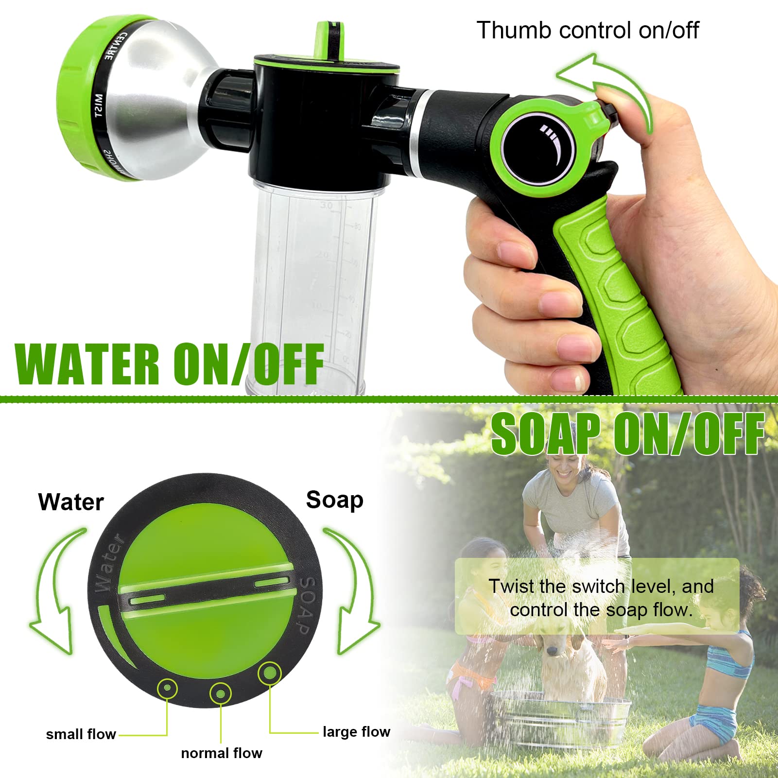Pet Bathing Hose Attachment with 3.5oz Soap Dispenser & Massage Brush - Solid Brass Garden Hose Nozzle for Dog Washing, Car Cleaning & Outdoor Use - Perfect for Home Grooming, Vehicle Care & Garden Tasks