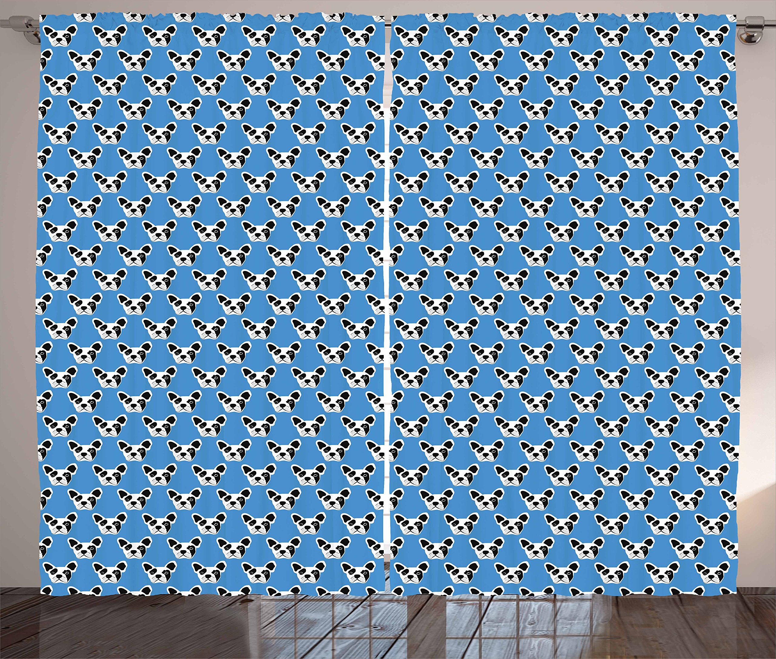 Ambesonne French Bulldog Curtains - Abstract Hipster Puppy Design, Funny Dog Heads Print, 2 Panel Set for Living Room & Bedroom, 108x90 Inches, Blue Black White - Perfect for Pet Lovers' Home Decor & Window Treatments