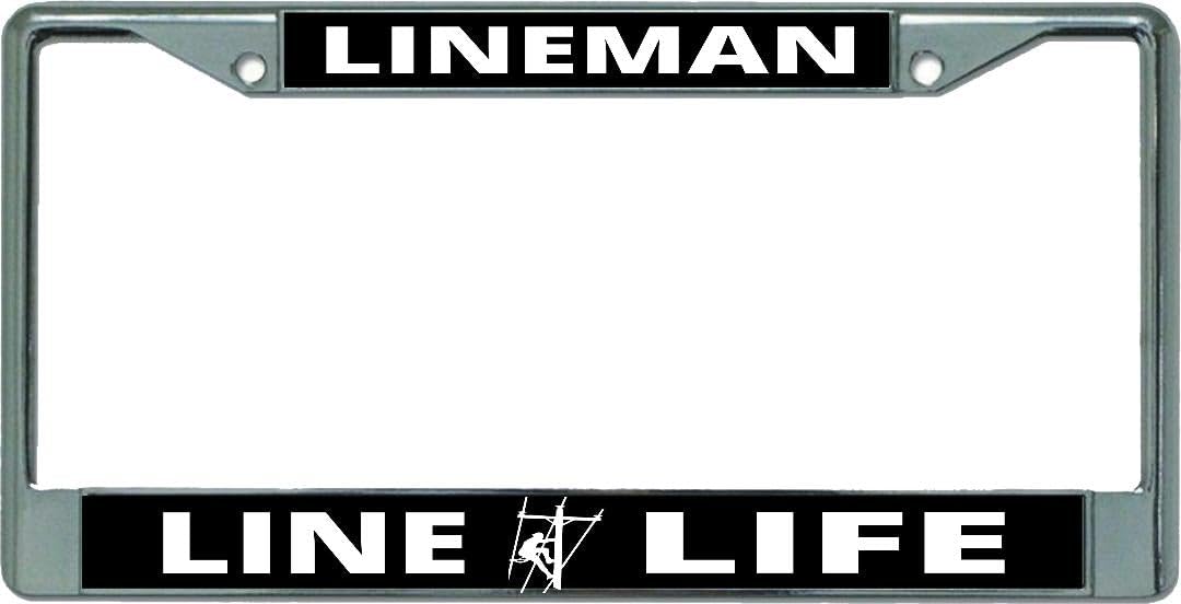 Lineman Line Life Chrome License Plate Frame - Durable Metal Car Tag Holder for Trucks & Vehicles - Perfect for Electricians & Utility Workers