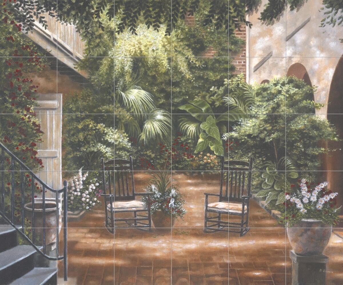 Betsy Brown Ceramic Backsplash Tile Mural - New Orleans Courtyard Garden Landscape Design for Kitchen, Bathroom & Shower Walls | Perfect for Home Renovation & Interior Decor