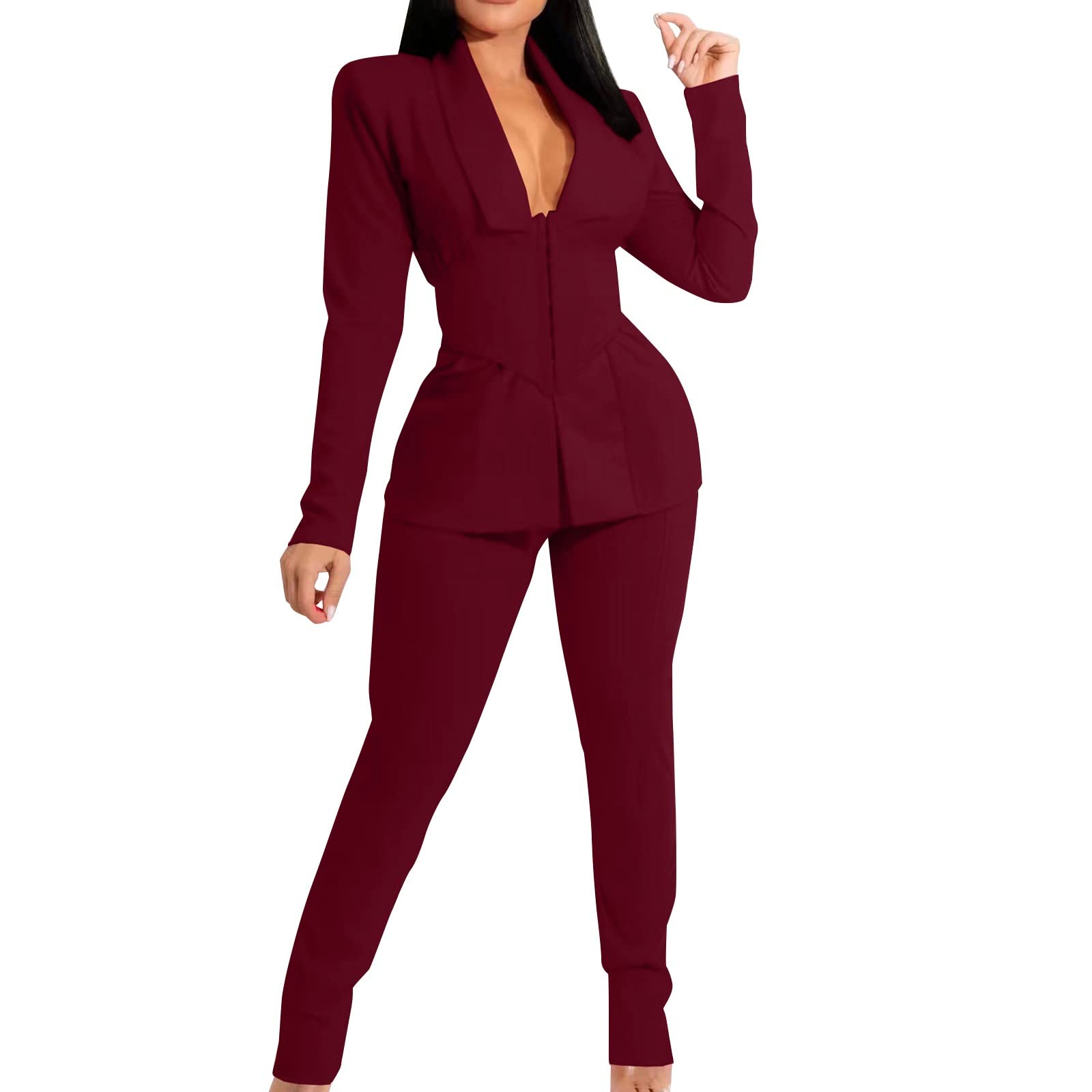Elegant Women's Pant Suits for Wedding Guest, Office & Business - Slim Fit V-Neck Two Piece Professional Outfit Set (Red, Size M) | Perfect for Formal Events, Work Attire & Special Occasions