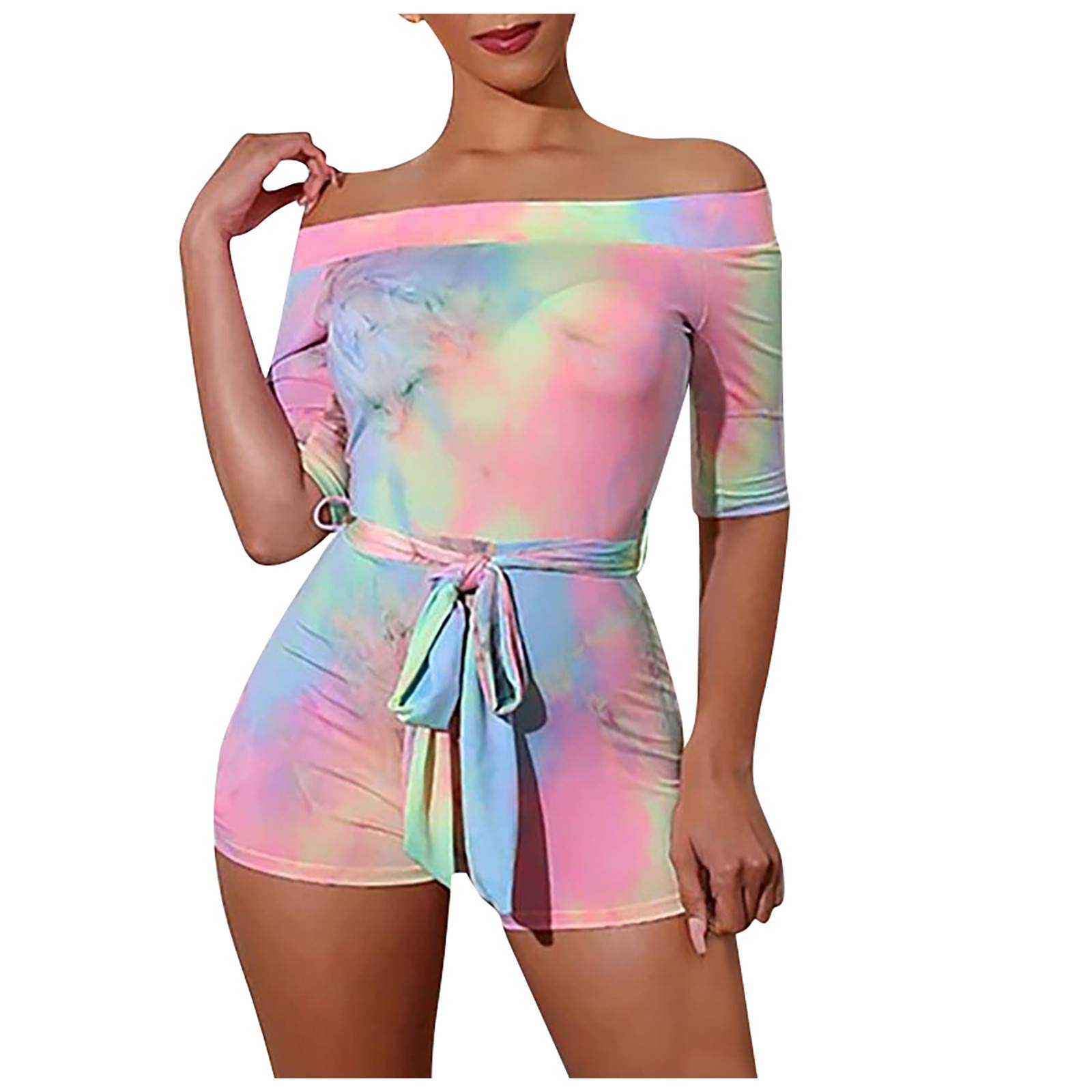Women's Short Sleeve Tie-Dye Jumpsuit - Casual Shoulder Off Playsuit for Women | Summer & Fall Fashion Outfit | Perfect for Beach, Vacation, and Date Night