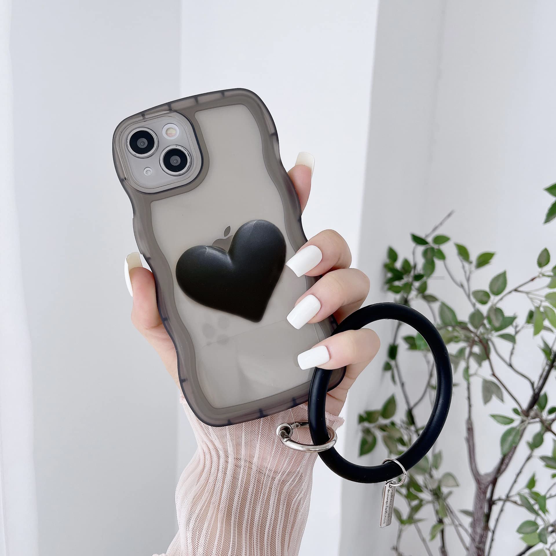 3D Black Heart Phone Case for iPhone 11 - Cute Big Love Heart Design with Curly Wave Shape & Clear Round Bracelet | Perfect Gift for Women & Girls | Ideal for Valentine's Day, Date Night & Everyday Use