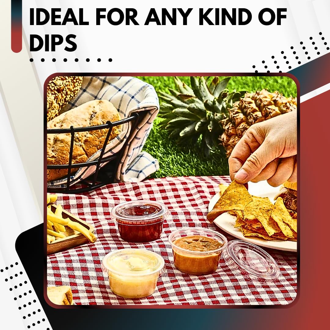 2 oz. Disposable Plastic Jello Shot Cups with Lids - 100 Pack | Small Portion Containers for Souffle, Condiments, Salad Dressing & Dipping Sauces | Perfect for Parties, Catering, Restaurants & Portion Control