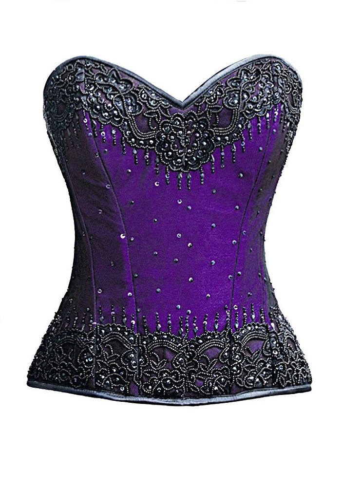 Purple Satin Black Sequins Burlesque Corset Top - Fairy Tale Costume Bustier for Women - Perfect for Halloween, Cosplay, Burlesque Shows & Themed Parties