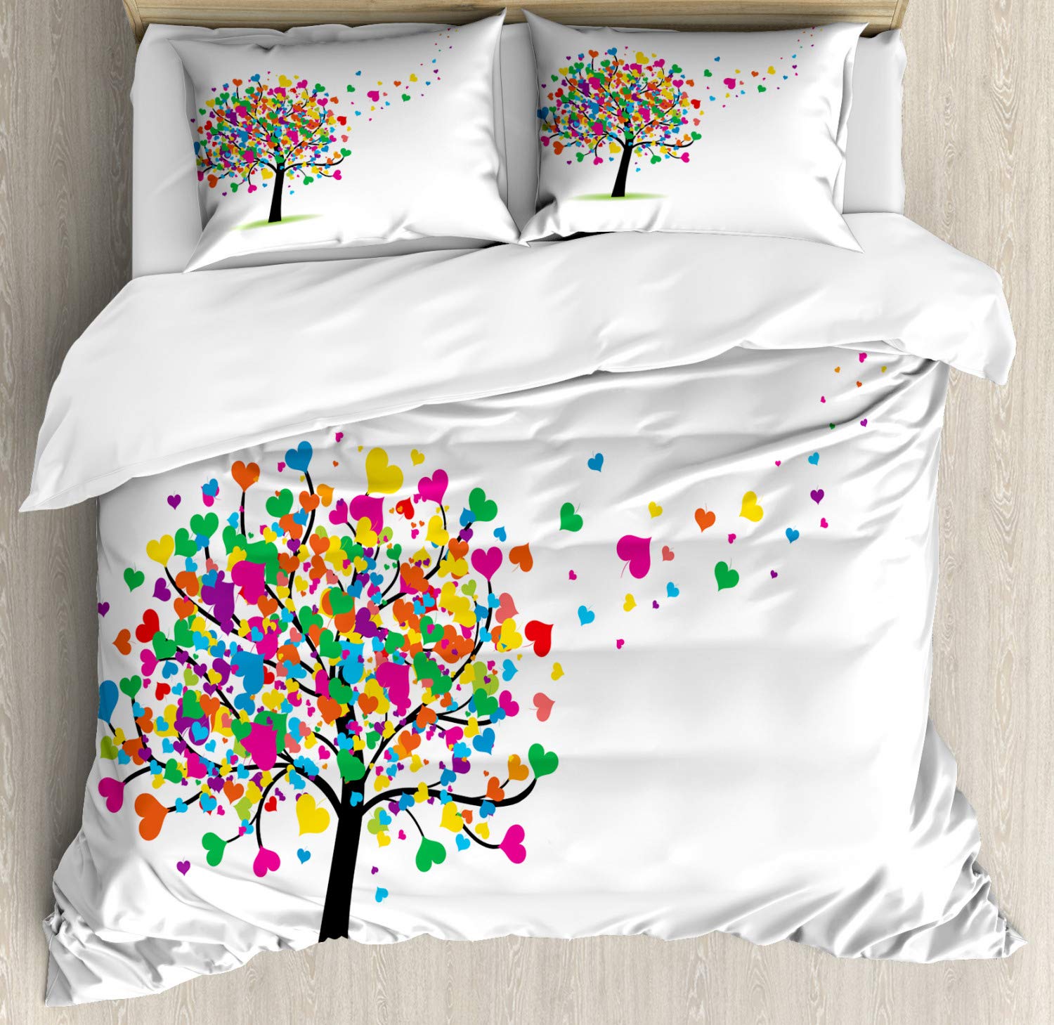 Ambesonne Love Duvet Cover Set - Abstract Romantic Hearts & Leaves Tree Pattern on White Backdrop | 3-Piece Queen Size Bedding Set with 2 Pillow Shams | Perfect for Master Bedroom, Guest Room & Cozy Home Decor