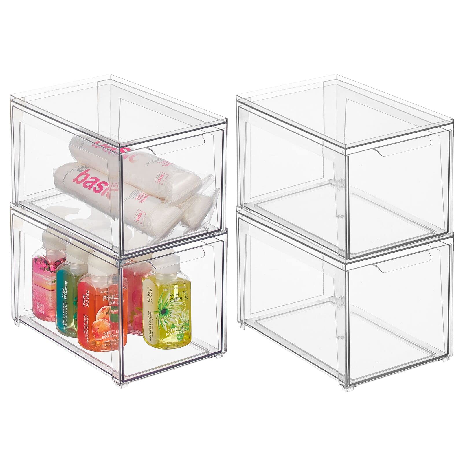 mDesign Plastic Stackable Bathroom Storage Organizer with Pull-Out Bin Drawer - 4 Pack Clear - Lumiere Collection for Cabinet, Vanity, Shelf & Closet Organization | Perfect for Small Spaces & Bathroom Decluttering
