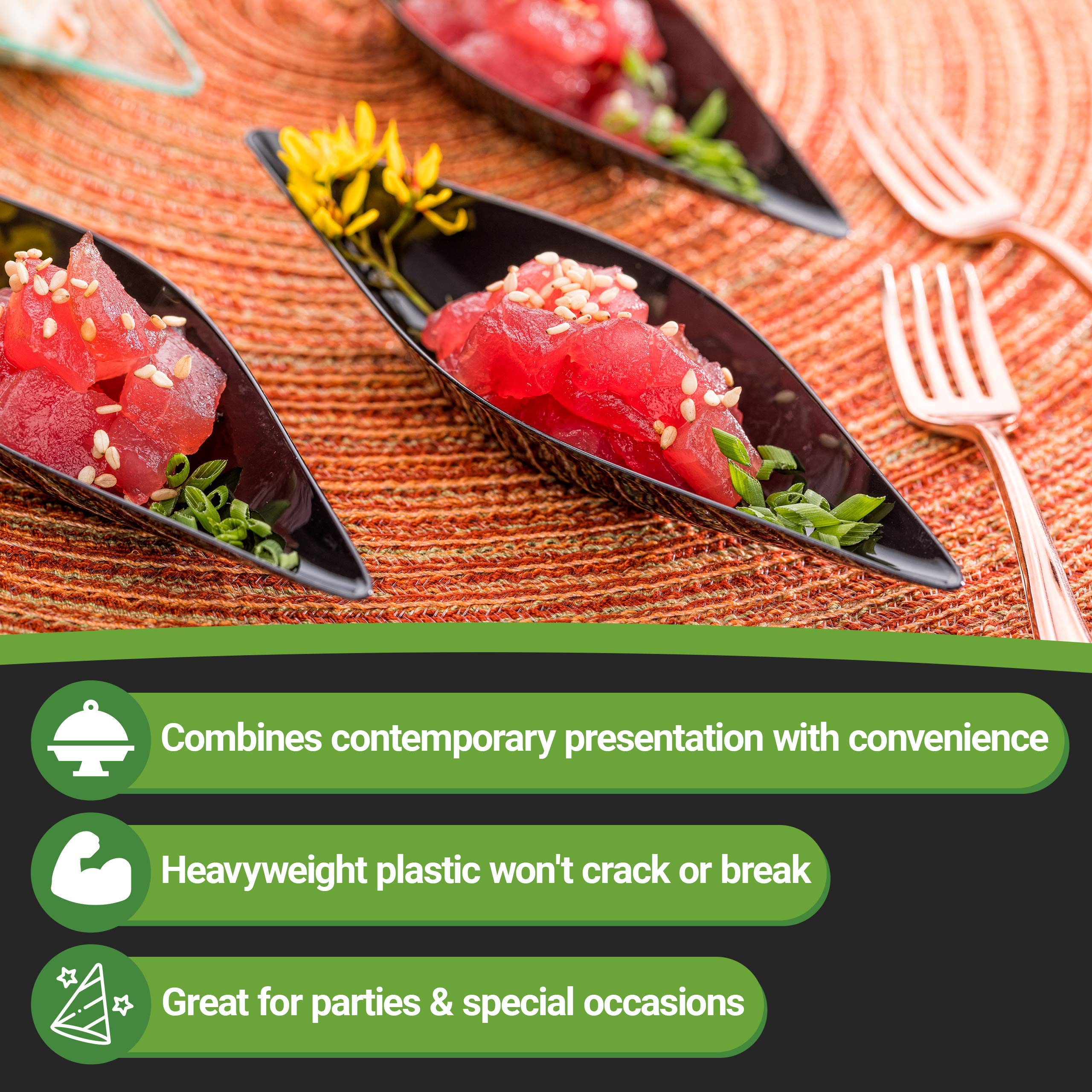 Restaurantware 1 oz Disposable Dipping Sauce Bowls - 100-Pack Black Plastic Canoe-Shaped Small Dishes for Sauces, Appetizers, Desserts & Samples | Perfect for Restaurants, Catering, Parties & Food Sampling