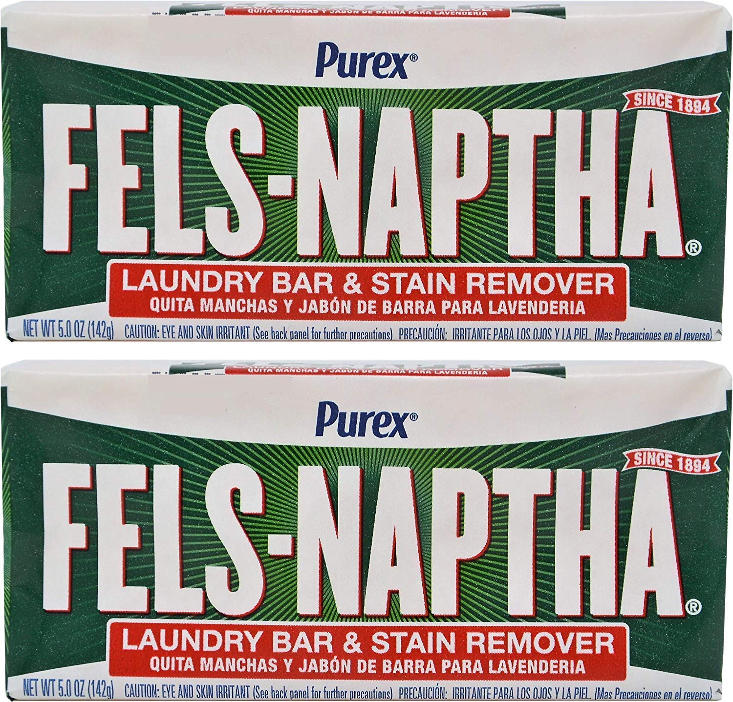 Fels Naptha Laundry Soap Bar & Stain Remover - 2 Pack (5.0 Oz Each) | Heavy-Duty Stain Treatment for Clothes, Upholstery & DIY Cleaning | Perfect for Laundry, Pre-Treating Stains & Household Cleaning