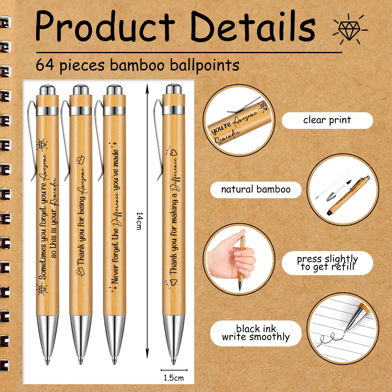 64 Sets Bulk Employee Appreciation Gifts - Inspirational Spiral Notebook & Motivational Pens Set (3.94 x 5.51
