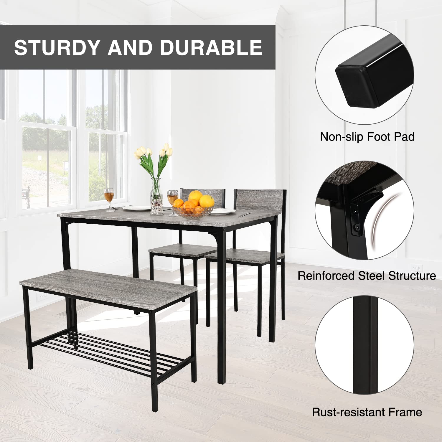 PULUOMIS 4-Piece Modern Dining Set with Table, 2 Chairs & Bench - Grey Kitchen & Breakfast Table for Home, Bistro, Patio, Garden | Perfect for Small Spaces & Family Meals