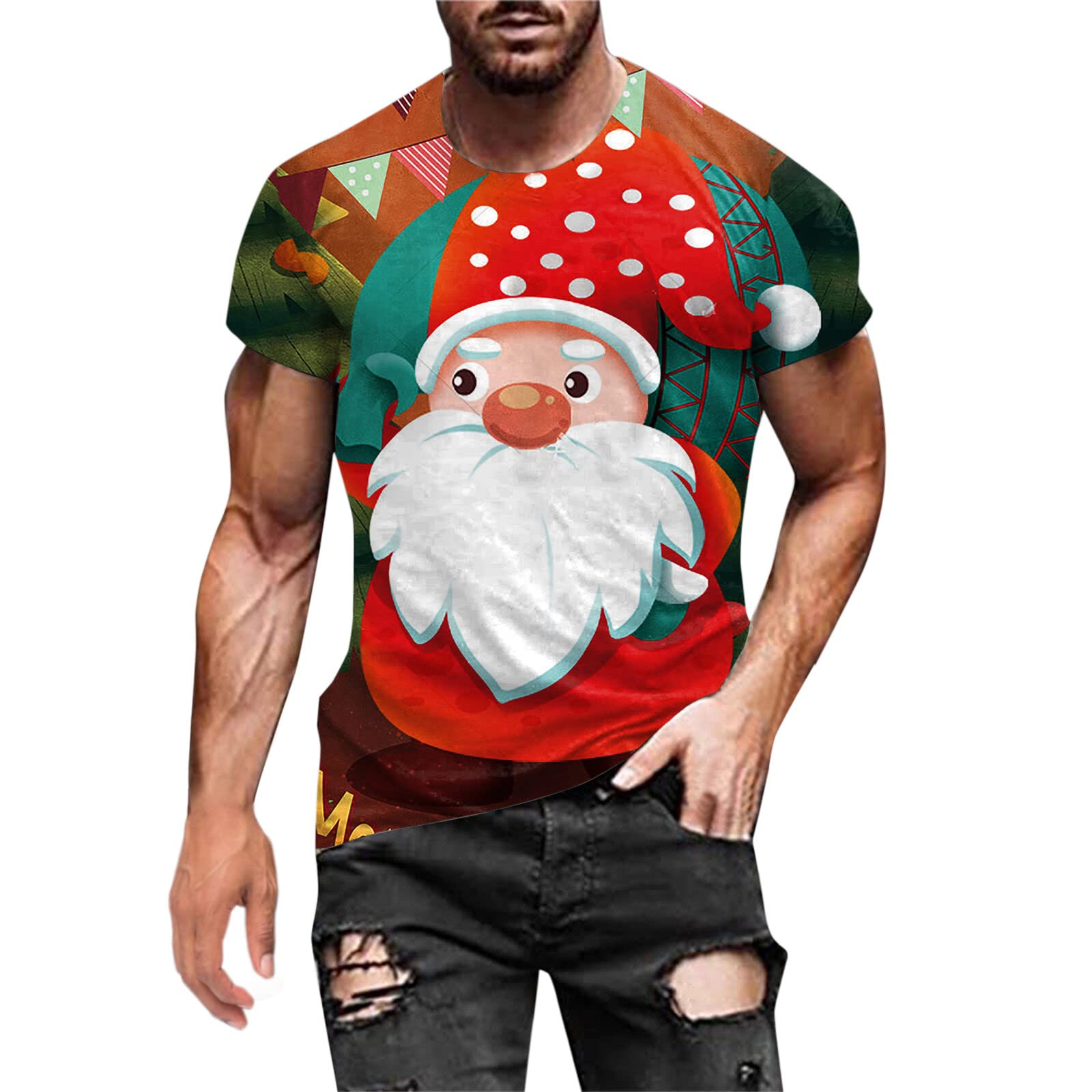 WOCACHI Men's Santa Claus Print Short Sleeve T-Shirt - Christmas Themed Athletic Workout Tee for Gym, Running & Holiday Parties