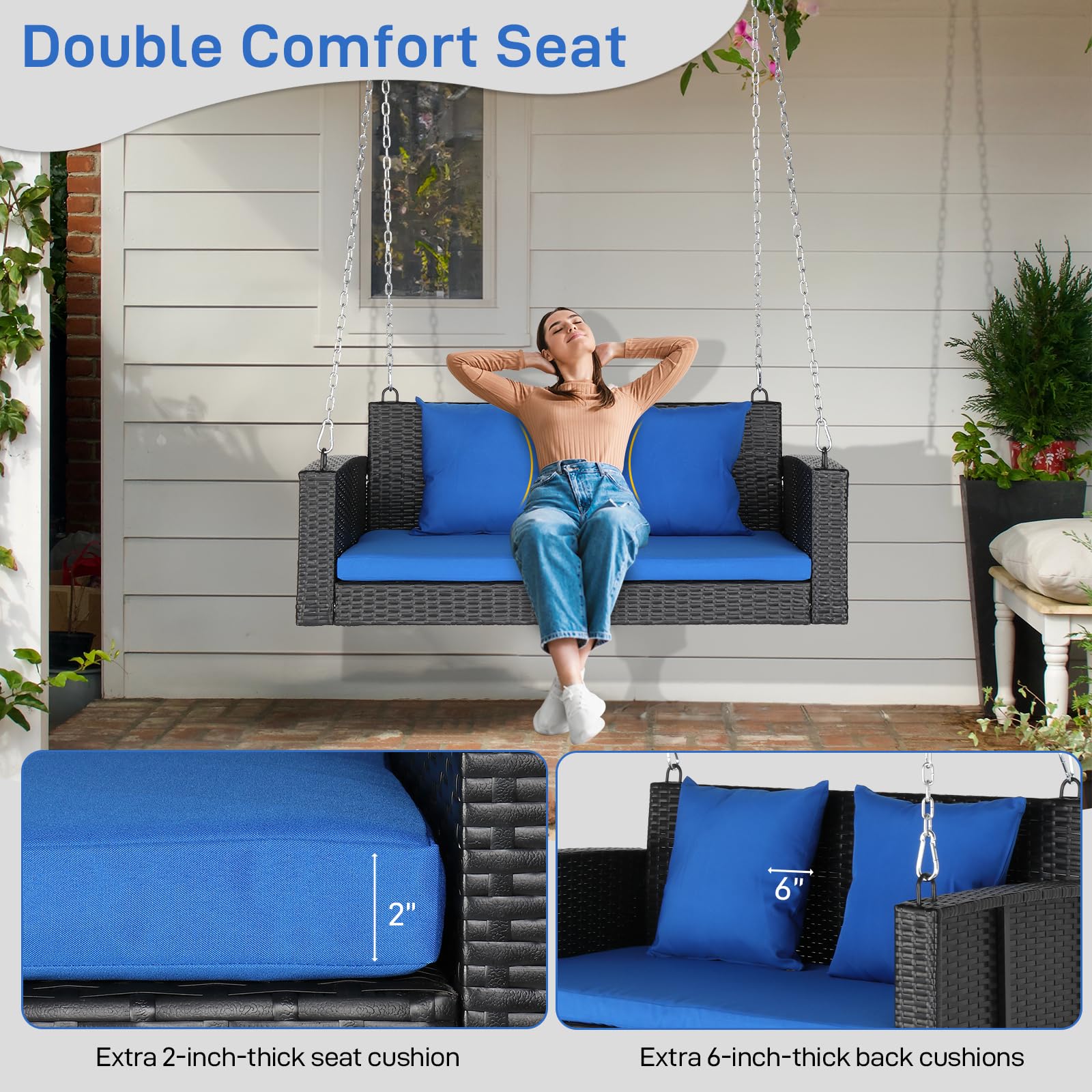 Outvita 2-Person Wicker Porch Swing with Cushion & Pillow - 800 lb Capacity Outdoor Hanging Bench for Patio, Garden, Backyard - Perfect for Relaxing, Reading & Enjoying Nature (Blue)