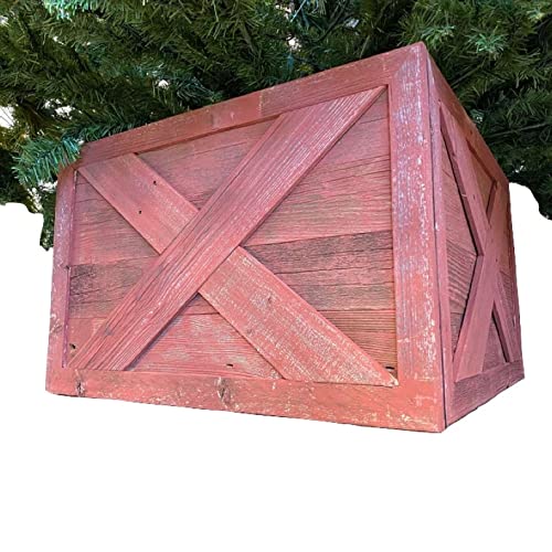 Reclaimed Wood Christmas Tree Collar - Rustic Farmhouse Tree Skirt Replacement with Hook & Loop Panels, 24x17.5 Inch, Natural Red - Perfect for Holiday Decor, Living Room Centerpiece & Cozy Home Atmosphere