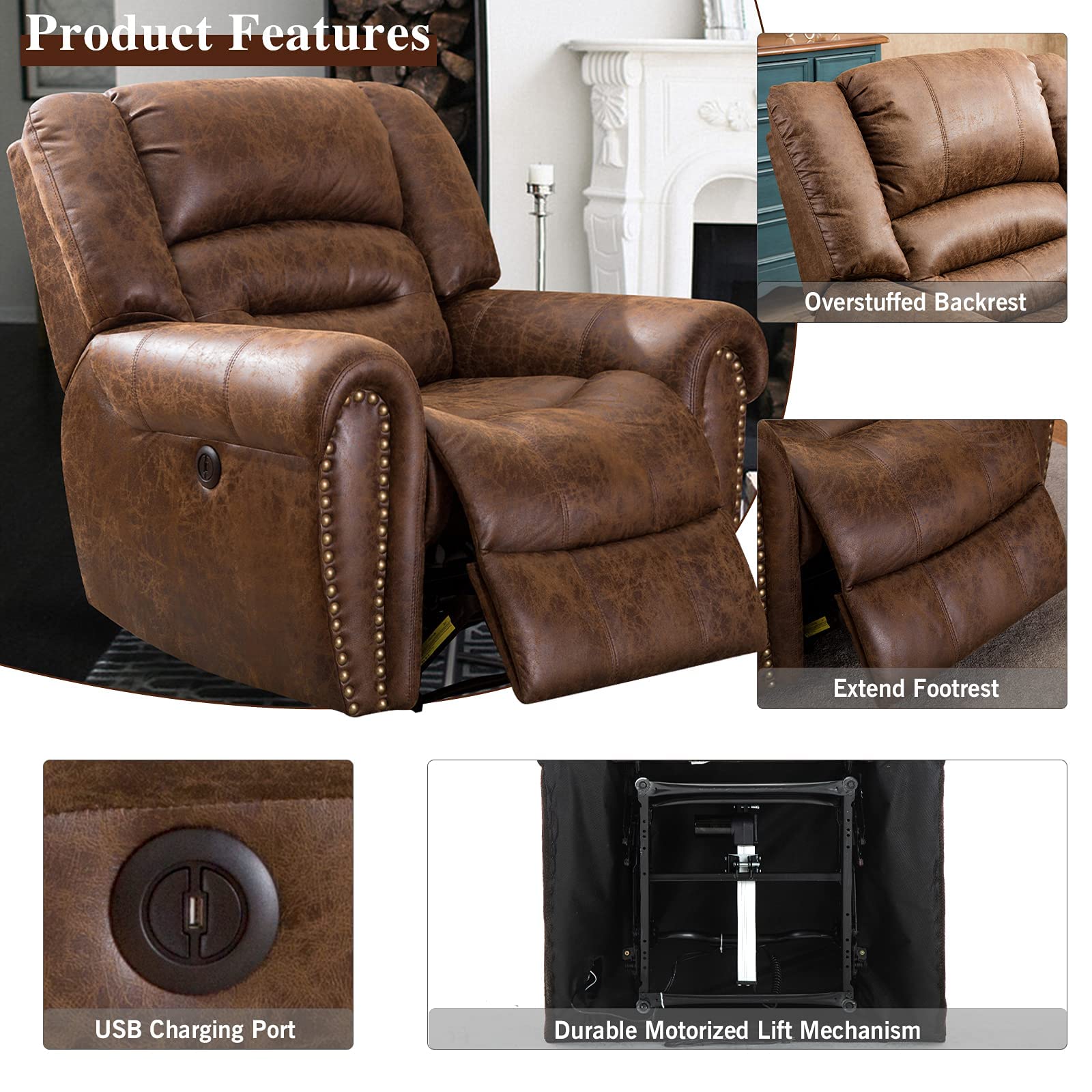 ANJ Electric Power Recliner Set of 2, Breathable Bonded Leather Reclining Chairs with USB Ports - Classic Home Theater Seating & Living Room Furniture (Nut Brown) | Perfect for Movie Nights, Gaming & Relaxation in Your Family Room or Home Theater