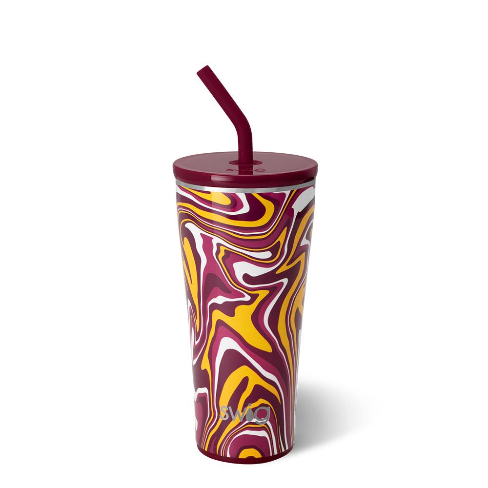 Fanzone Maroon & Yellow Straw Tumbler 32oz Insulated Stainless Steel Cup - Perfect for Sports Games, Beach Outings & Summer Drinks